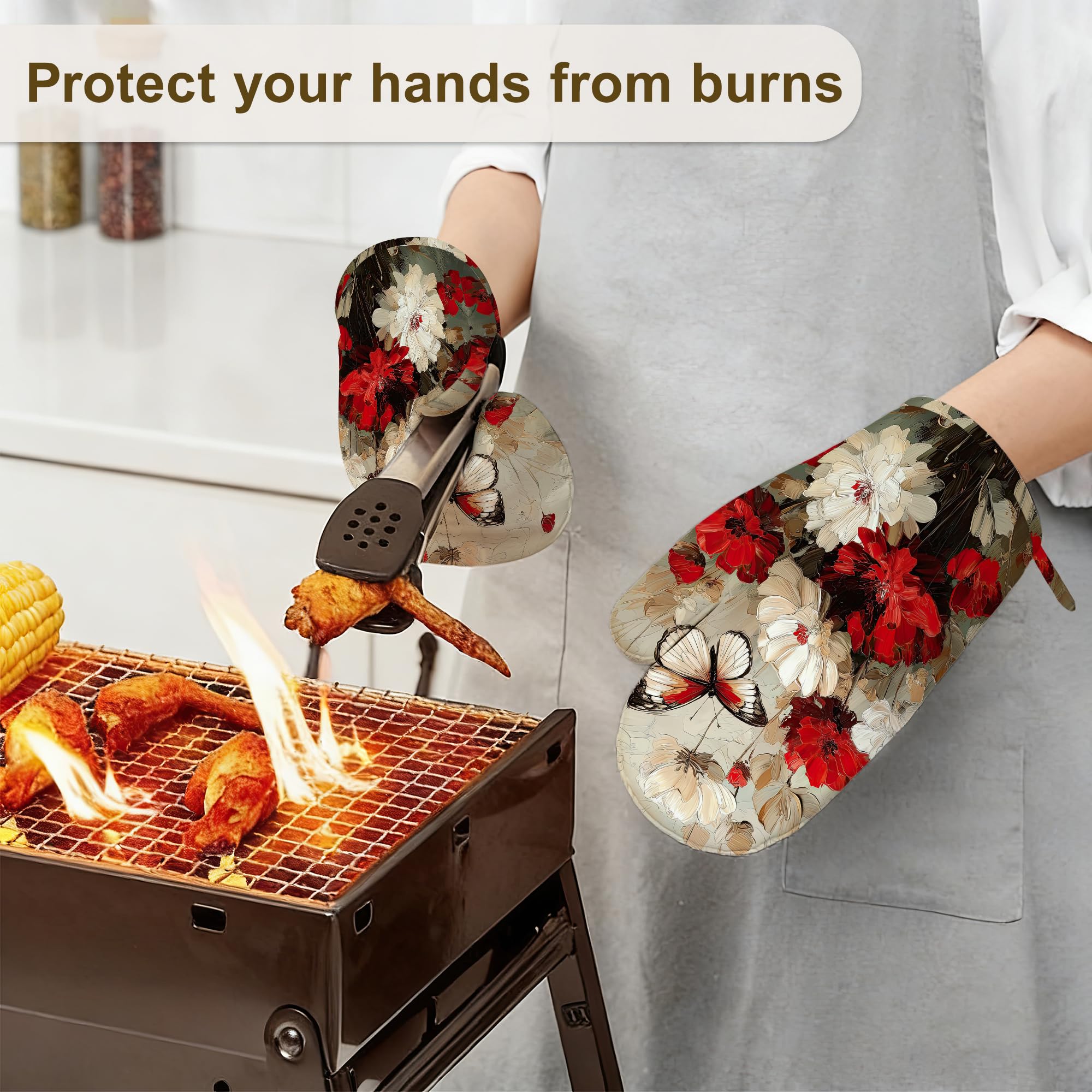 Ofenhandschuhe und Topflappen, Silikon, Weiß, Rot, Blume, Küchenzubehör, Set mit 4 hitzebeständigen Handschuhen, Schmetterlings-Topflappen, rutschfester Griff für Koch, Kochen, Backen, Grillen, BBQ