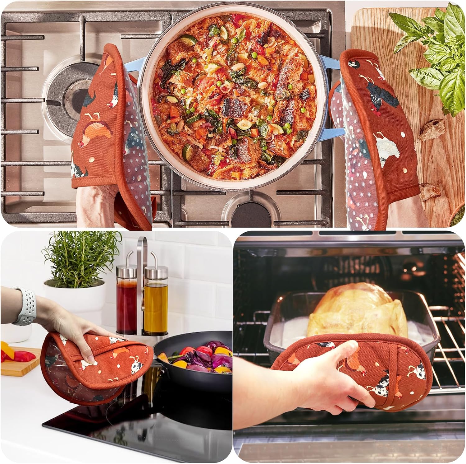 Pot Holders Set of 2 with Transparent Clear Silicone Shell and Nice Dog Flower Cotton Lining, Heat Resistant to 500 F Kitchen Oven Gloves Pot Holder for Cooking (Rooster, Potholders) - Image 4
