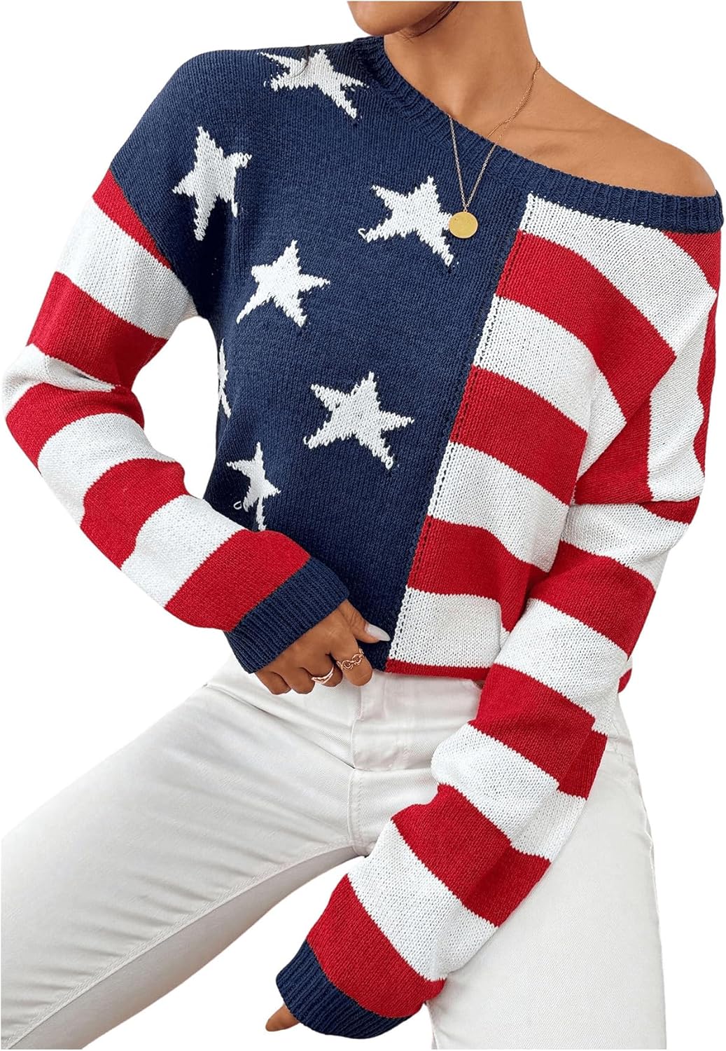 SweatyRocks Women's American Flag Sweater USA Star Striped Knit Sweater Pullover Long Sleeve Top - Image 5