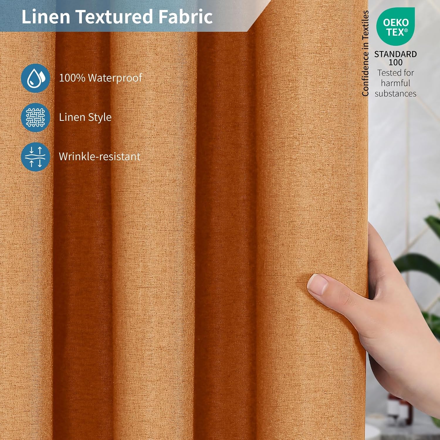 2-in-1 Waterproof Fabric Shower Curtain or Liner,Linen Textured,Breathable TPU & Washable Bathroom Shower Curtain Set with 12 Plastic Hooks,Modern,72"x72" Orange