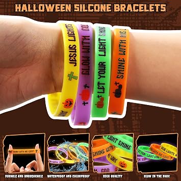 Sosation 48 Pcs Glow in the Dark Halloween Silicone Rubber Bracelets Bulk Pumpkin Christian Wristbands for Halloween Religious Party Favors Supplies Decorations Trick or Treat Gifts