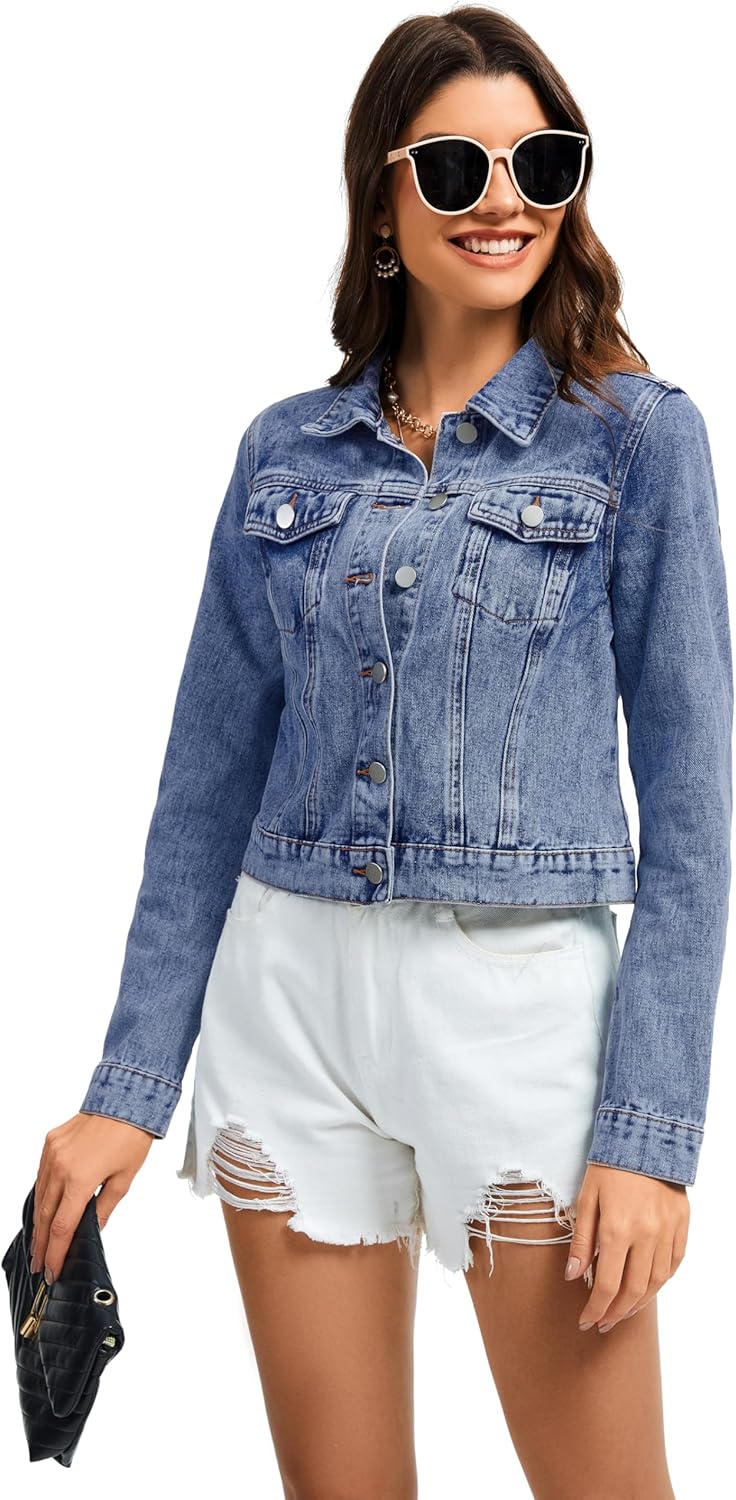 andy & natalie Women’s Denim Jackets Cropped Long Sleeve Basic Button Down Crop Jean Shacket with Pockets