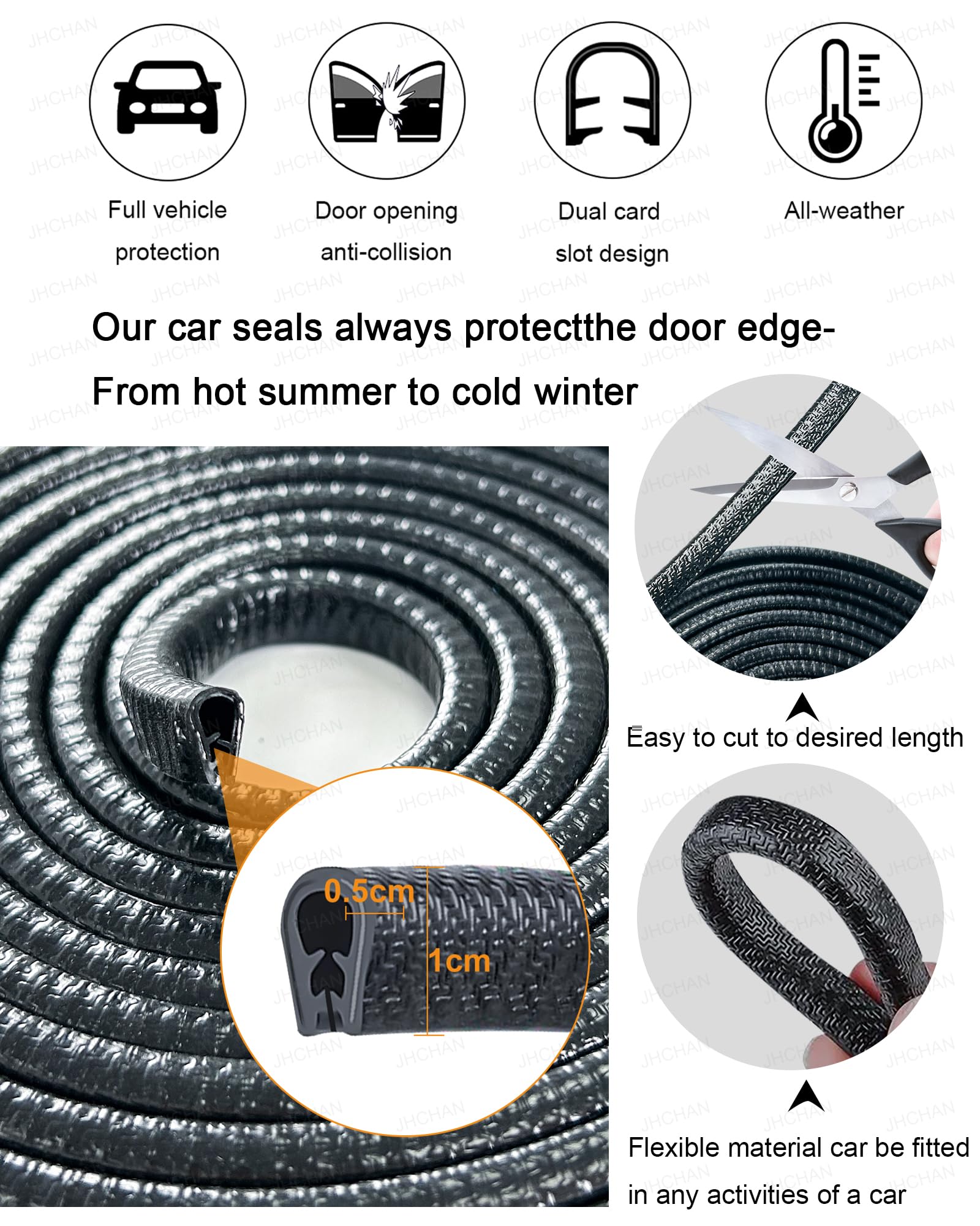 Protezione universale per bordi delle portiere dell'auto con martello, protezione antigraffio in gomma, resistente alle intemperie e auto-installante (nero, 10 m)