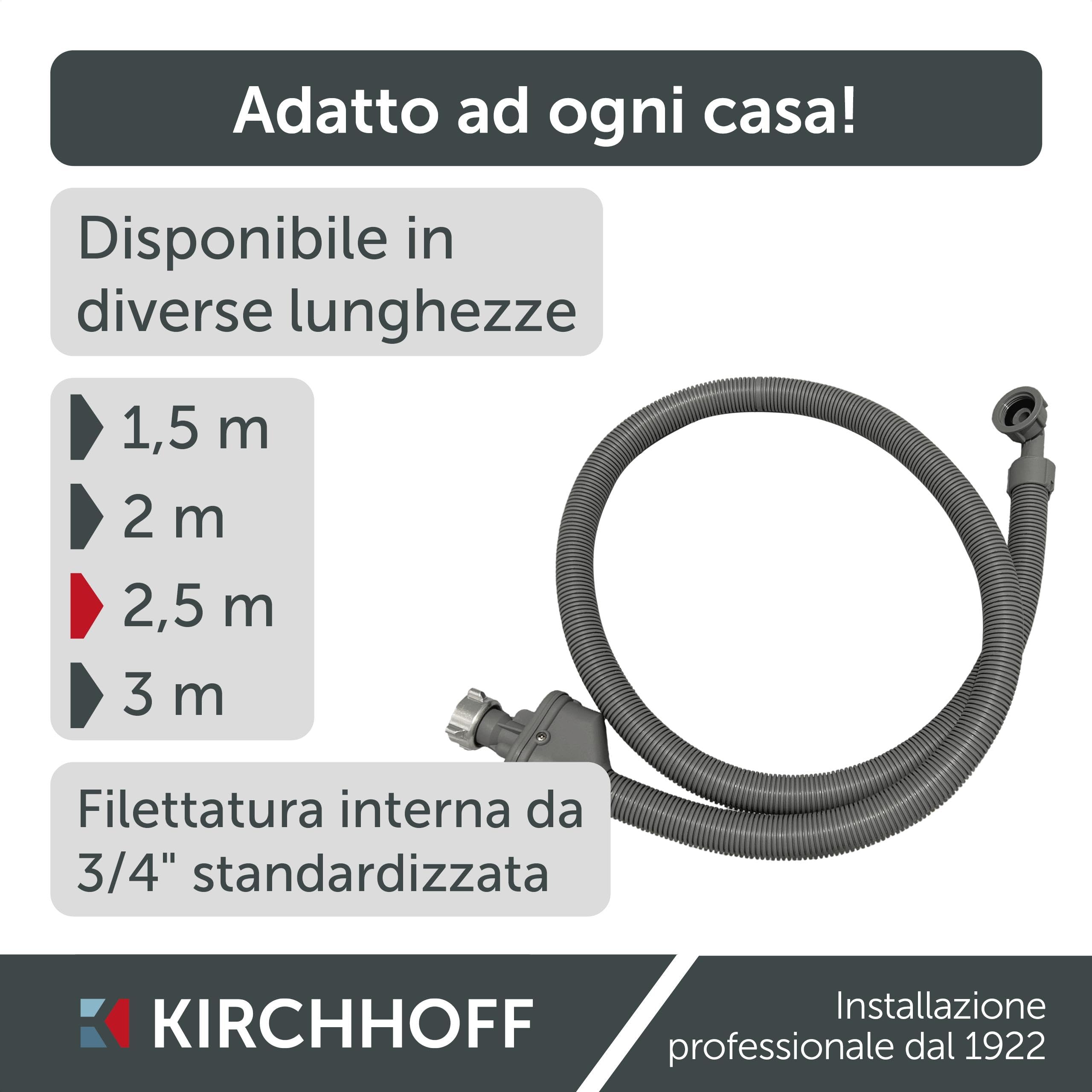 KIRCHHOFF 98657230 - Tubo per lavatrice 2,5 m, tubo di alimentazione con 3/4" x 3/4" IG per lavatrice o lavastoviglie, tubo dell'acqua con Aquastop