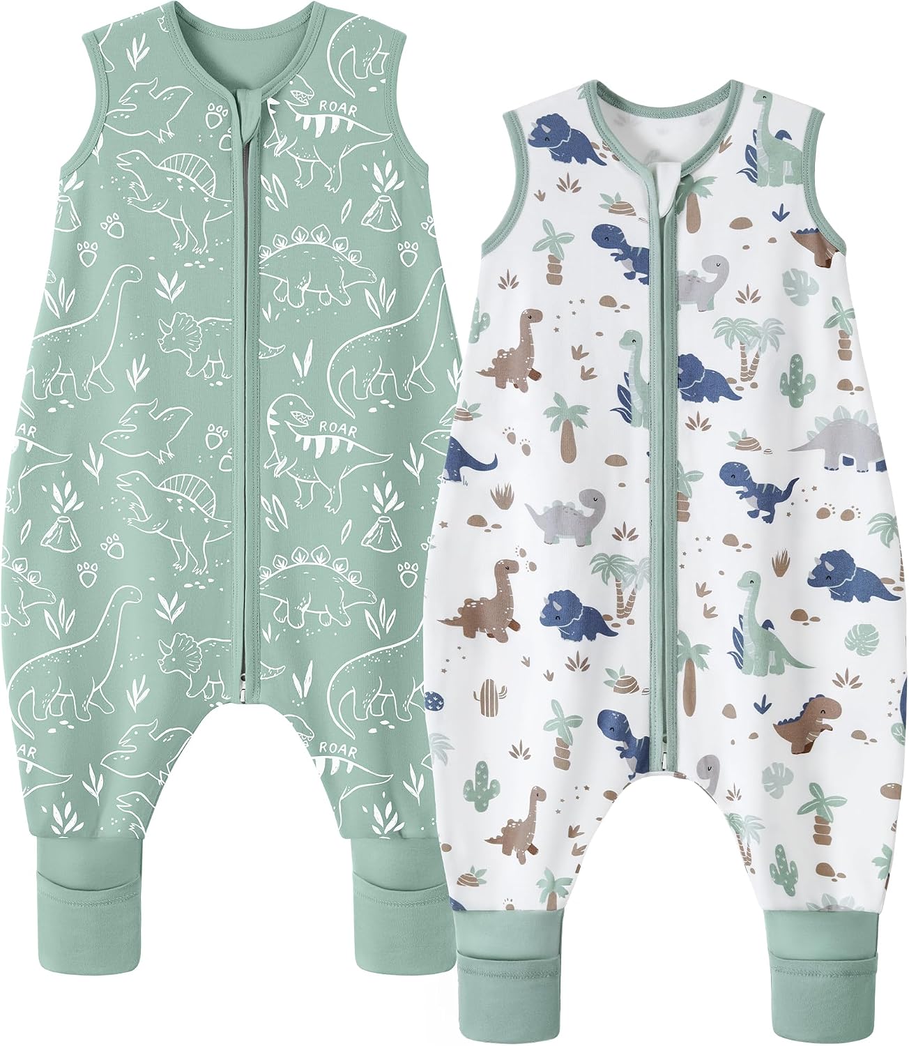 FIEMOLSaco de Dormir Bebe Verano Tog 0,5 Saco de Dormir con Piernas niño 3-4 años 100% Algodón Saquito de Dormir niño con pies Dinosaurio Verde