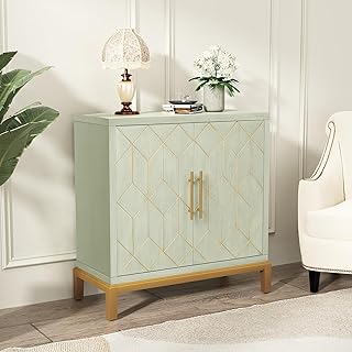 ARTPOWER Green Accent Cabinet with Doors, Modern Wooden Sideboard, Carved Decorative Storage Cabinets for Living Room, Kitchen, Office, and Hallway, Green with Gold Legs
