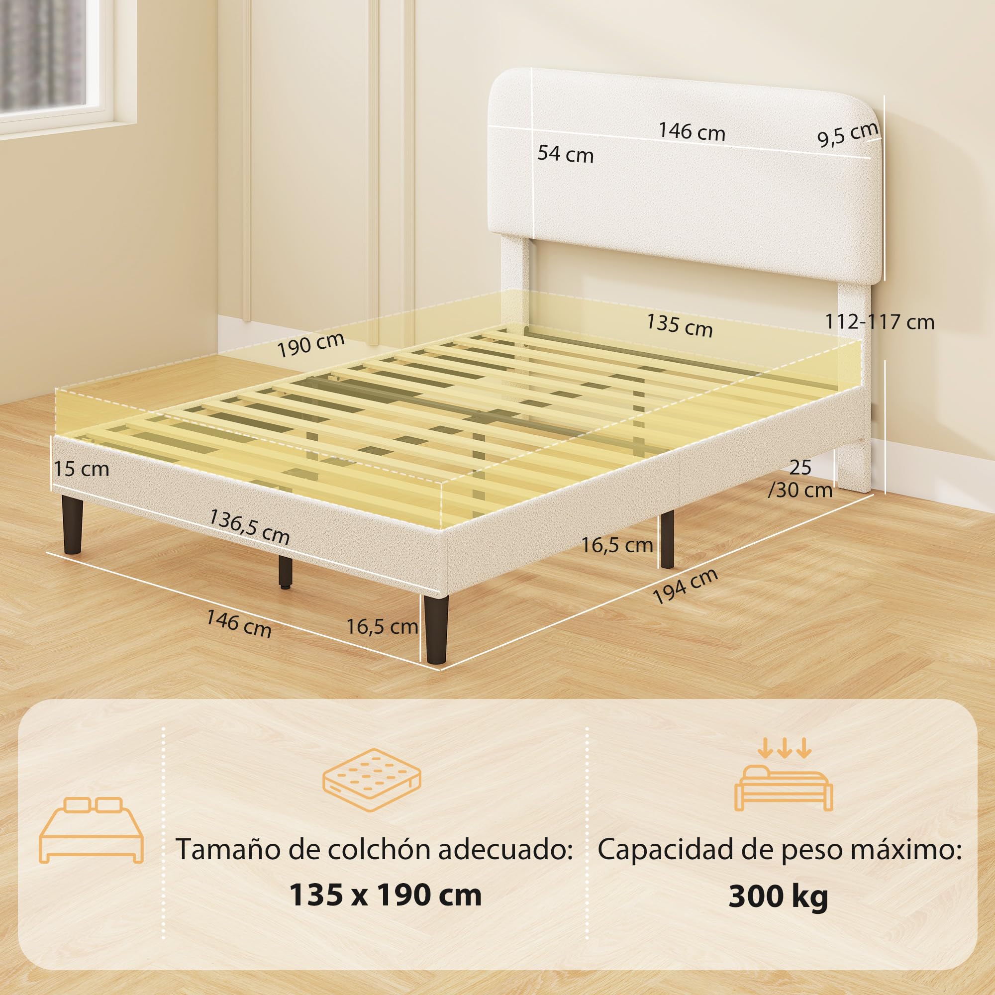 HOMCOM Cama Doble Tapizada en Borreguito, 135x190 cm, Cama Matrimonio con Cabecero Ajustable en Altura, Listones de Madera, Blanco
