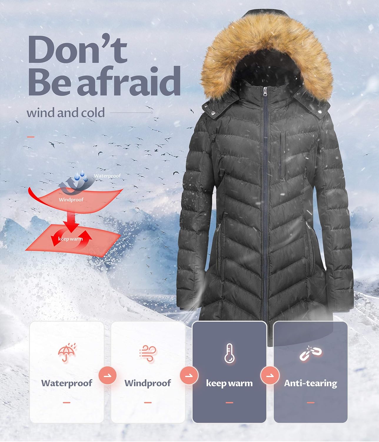 CREATMO US Women's Winter Hooded Coat Waterproof Warm Long Puffer Jacket Parka - Image 6