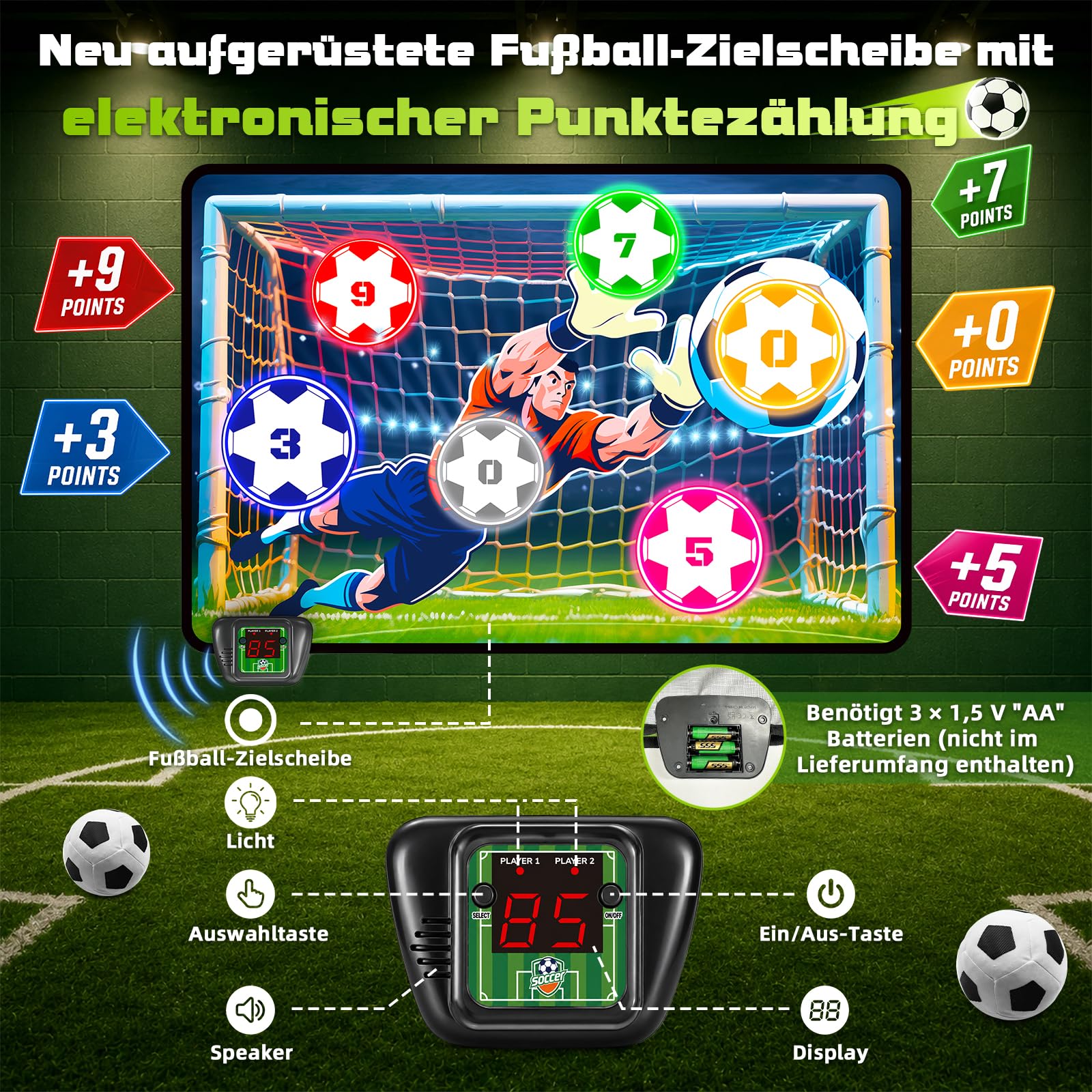 VATOS Elektronische Fußball Torwand für Kinder - Klettball Spielzeug Geschenke für Jungen & Mädchen 5 6 7 8 9 Jahre, Indoor/Outdoor Sportspielzeug Set mit Automatischer LED-Punktzählung & Sound