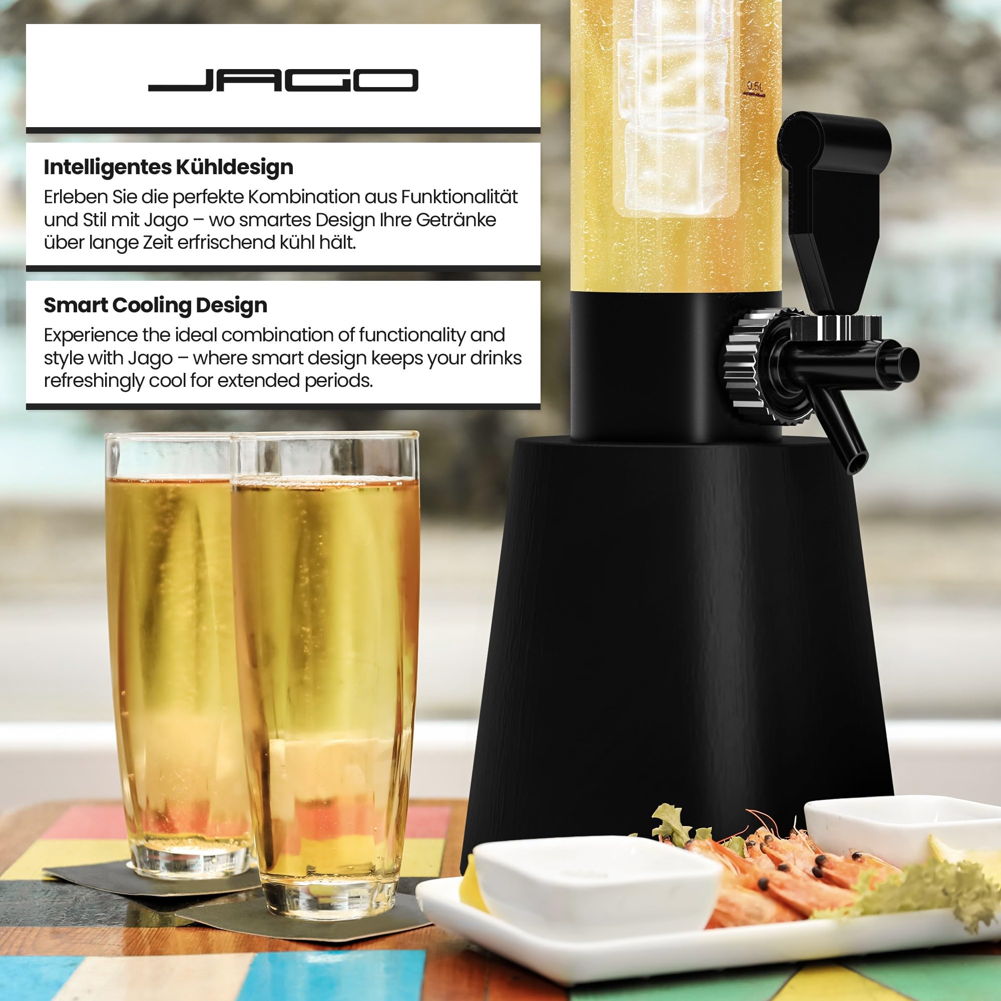 Jago® Distributore di Birra - Set da 3, capacità Massima 3,5 l, Altezza 90 cm, con Rubinetto e Tubo di Ghiaccio, in Plastica Senza BPA - Spillatore, Dispenser, Giraffa, Torre, Bevande
