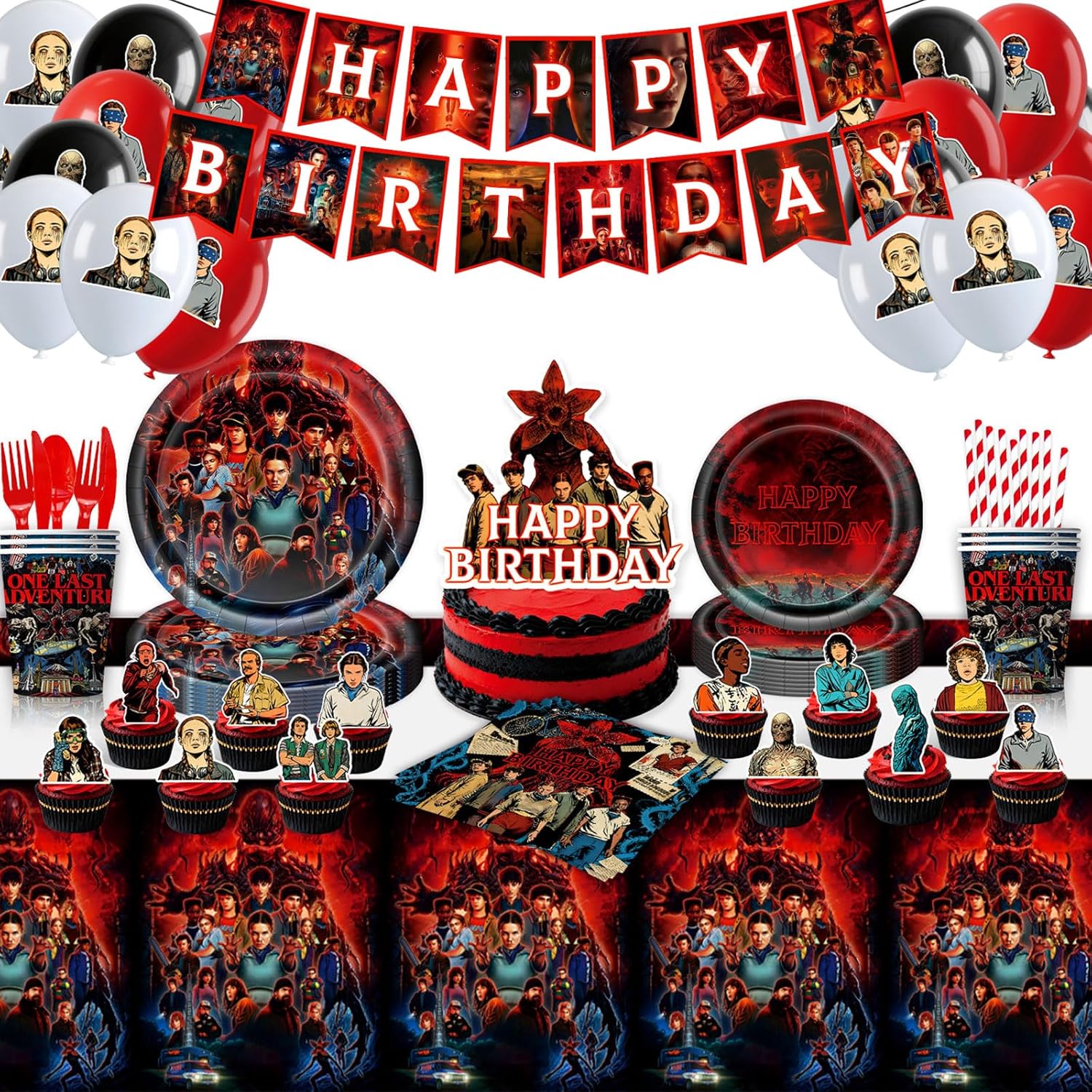 Stranger 5 TV Birthday Decorations Set, Movie Theme Party Supplies Include Banner, Balloonss, Cake Topper, Cupcake Toppers, Tablecloth, Plates, Napkin, Cup, Fork, Knife, Spoon, Straw