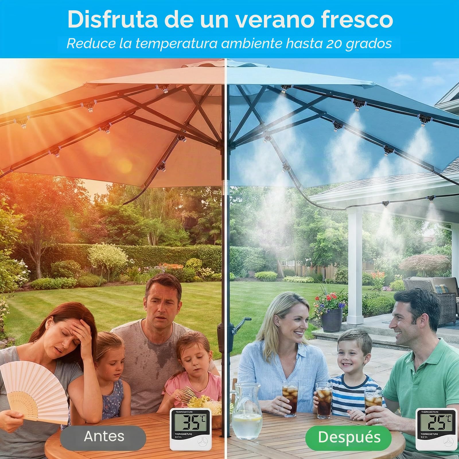AGPTEK 20 M Sistema de Refrigeración, 72 PCS Sistema de enfriamiento por nebulización, Sistema por nebulización al aire libre para patio, Jardín, Césped, Invernadero, Sombrillas