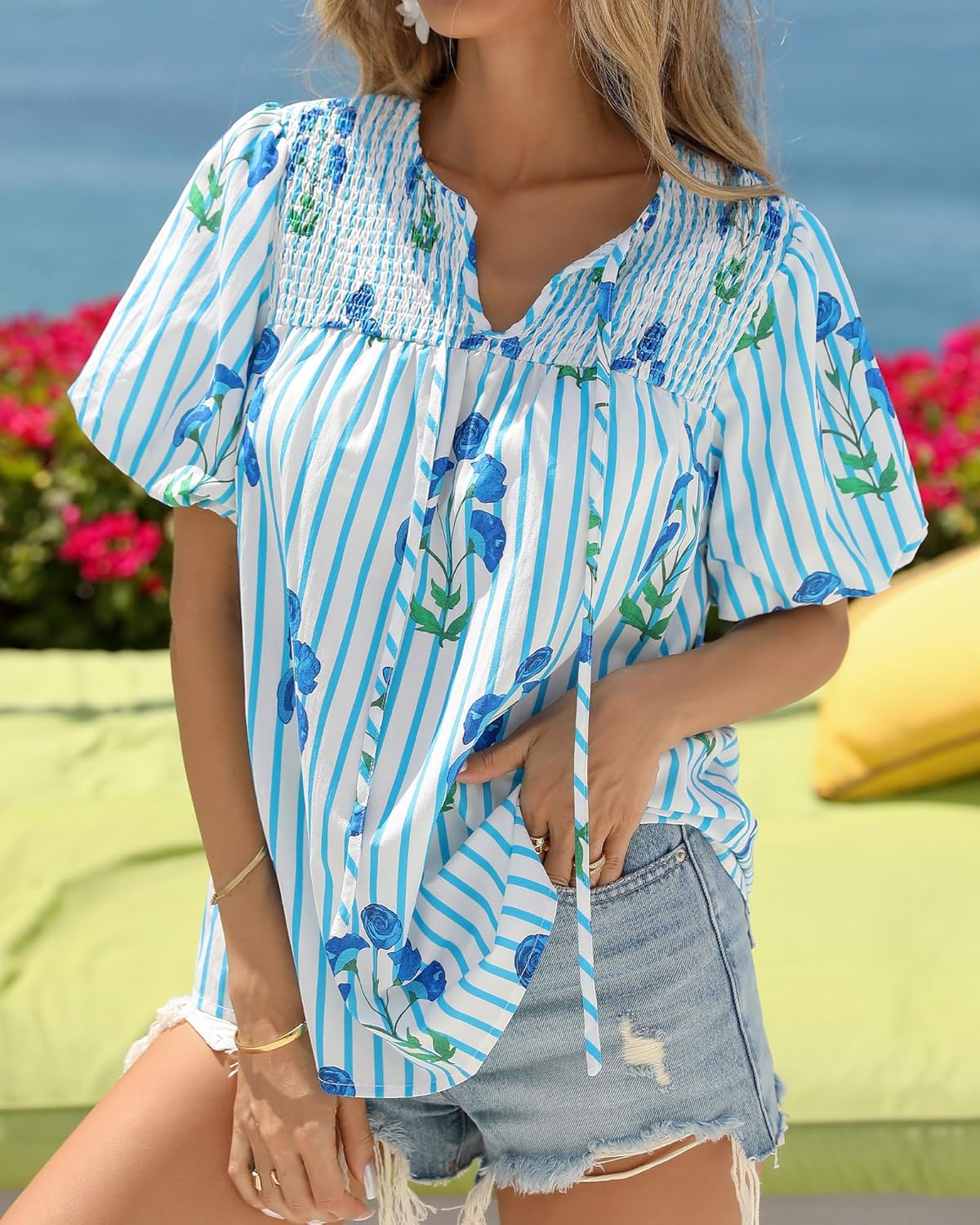 KIRUNDO Boho Tops for Women Summer 2026 Dressy Floral Blouse V Neck Drawstring Short Sleeve Shirts Beach Vacation Clothes