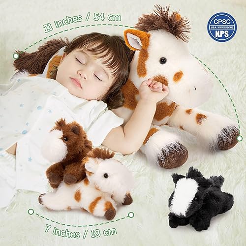 Miniatura 8 de MaoGoLan 4 piezas de animales de peluche de caballo, caballo grande moteado de mamá con juguetes de bebés poni, peluches de poni a granel para