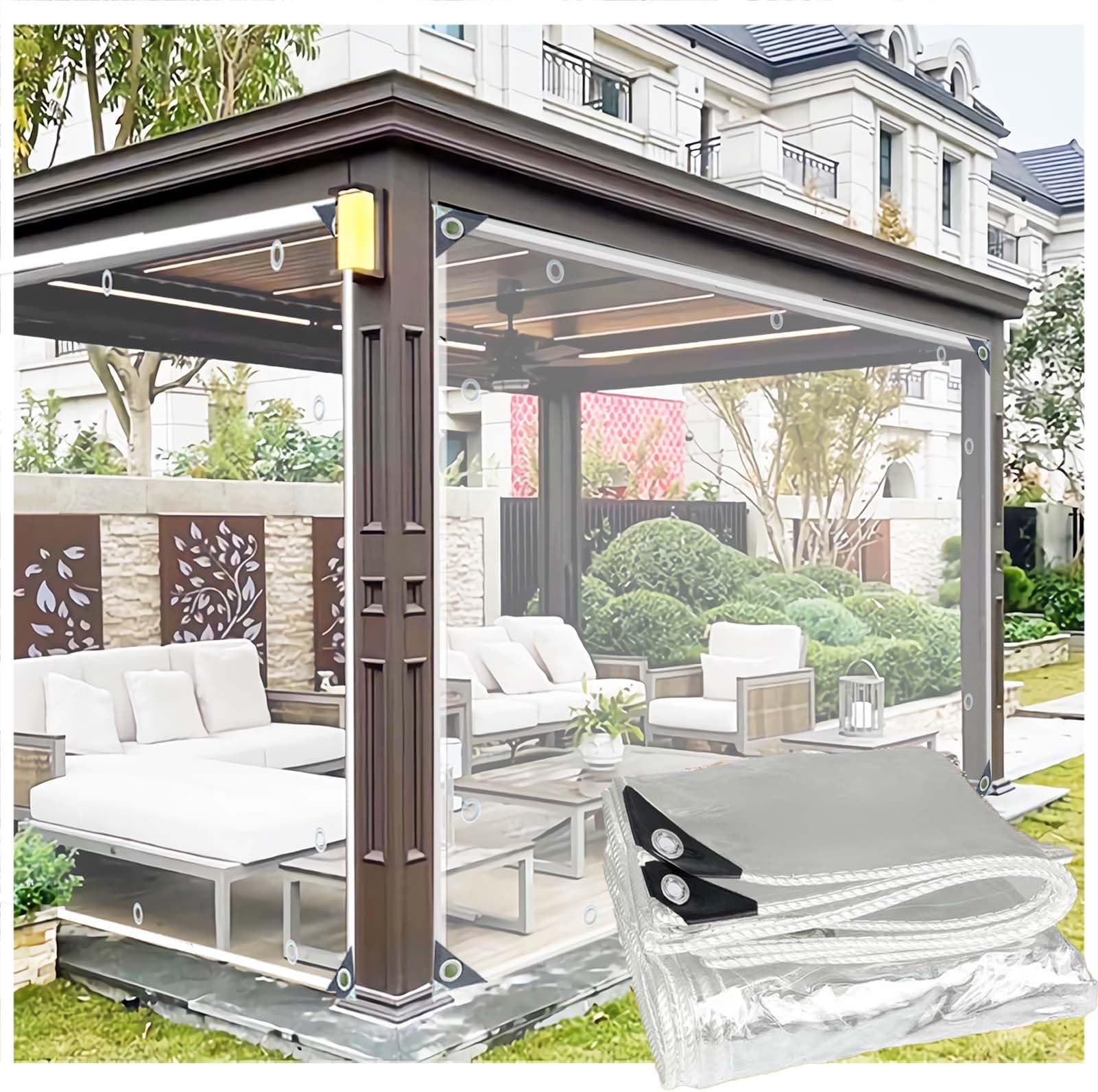 0.8x4.8m Clear Tarpaulin Heavy Duty Waterproof Outdoor Clear Tarp with Eyelets,0.35mm PVC Transparent Tarpaulin Garden Covers,for Porch Patio Camping,for UV Rays,Dust,Rain,Snow