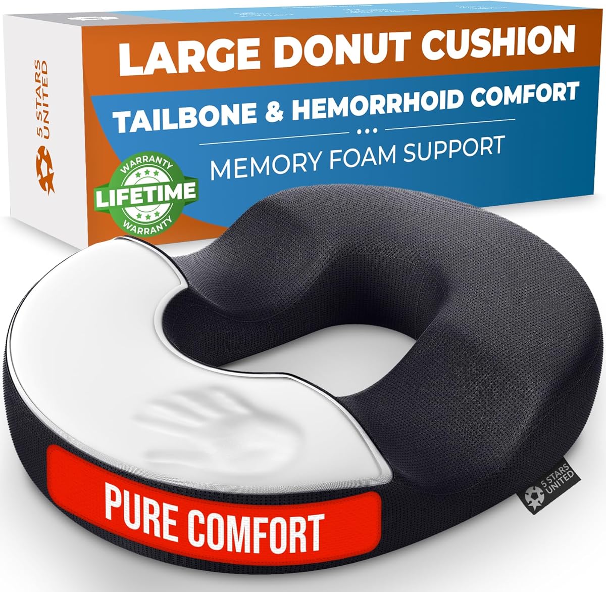 5 STARS UNITED Donut Cushion – Memory Foam Pillow for Sitting – Tailbone & Coccyx Support – Hemorrhoid-Friendly Ring Shape – Office Chair, Car, Desk & Wheelchair (Black, Large)