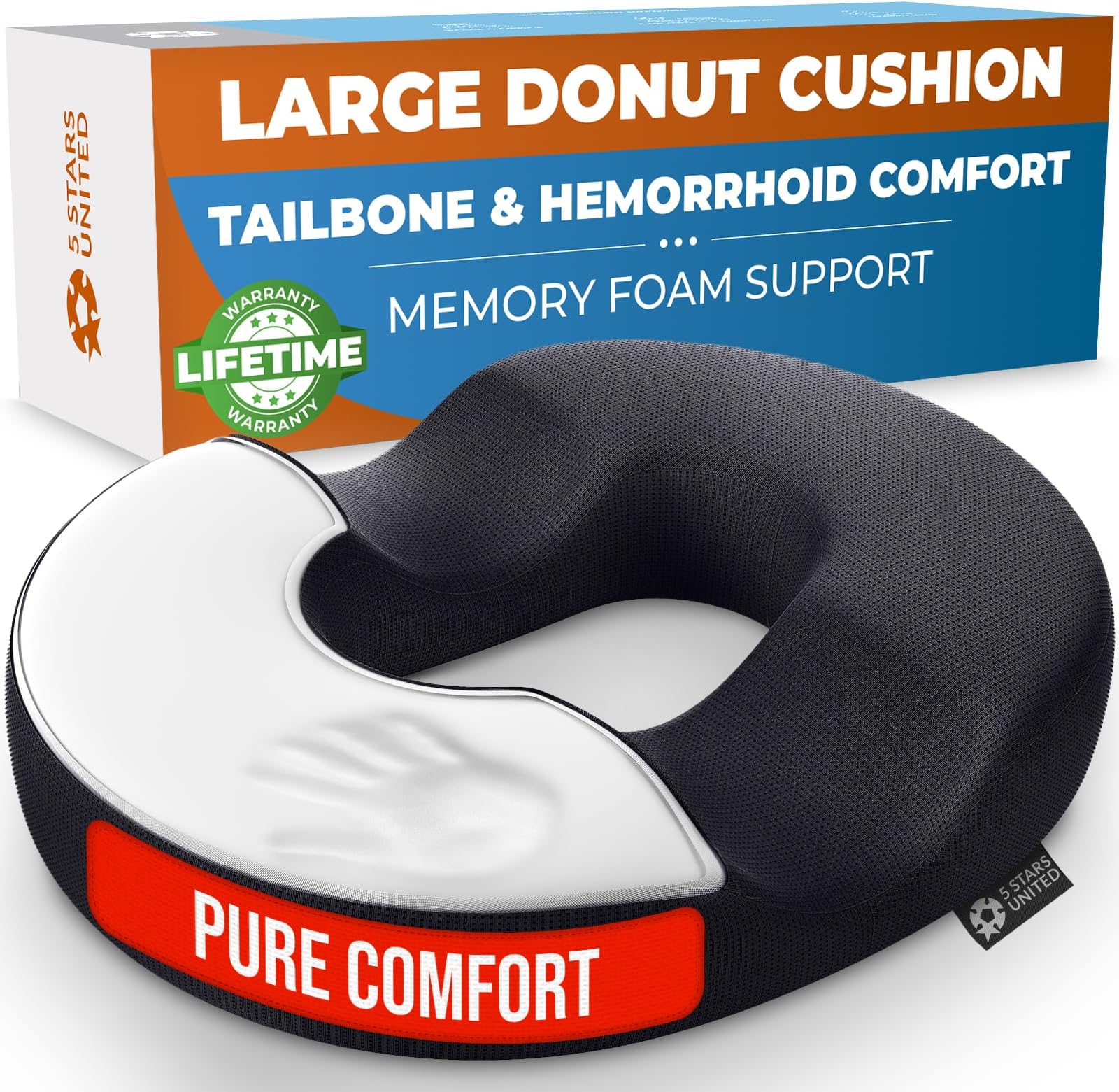 5 STARS UNITED Donut Cushion – Memory Foam Pillow for Sitting – Tailbone & Coccyx Support – Hemorrhoid-Friendly Ring Shape – Office Chair, Car, Desk & Wheelchair (Black, Large)