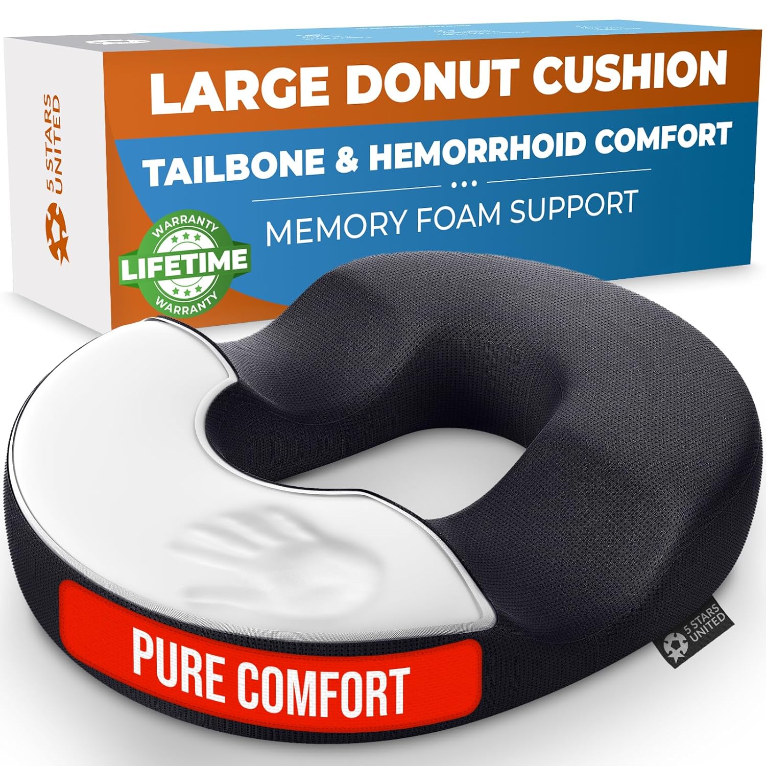5 STARS UNITED Donut Pillow Hemorrhoid Tailbone Cushion Large Cushion for Pain Relief Coccyx Prostate Sciatica Pelvic Floor
