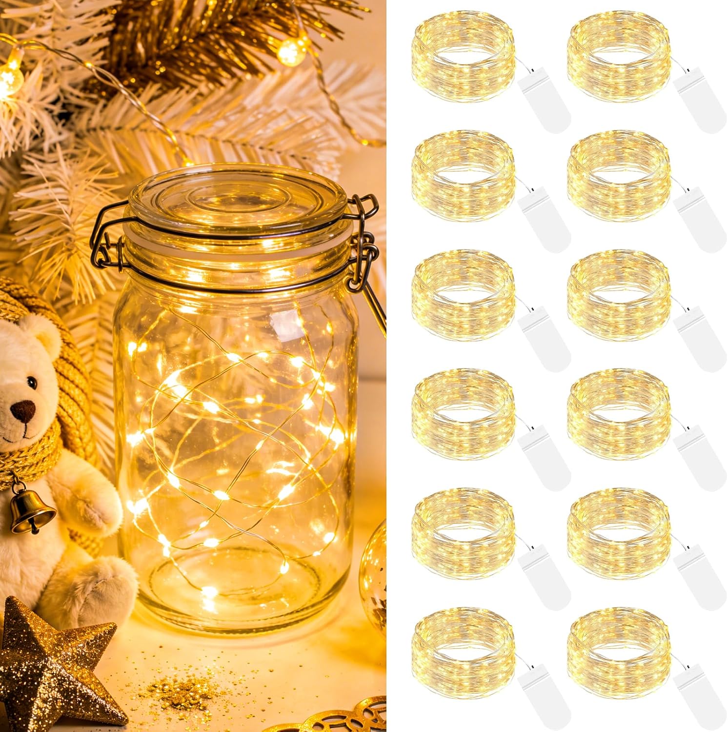 btfarm 12 Stück LED Lichterkette mit Batterie Klein, 2M 20LED Silberdraht Mini Lichterketten Batteriebetrieben, Micro Draht Wasserdichte für Weihnachten Hochzeit Party Beleuchtung Deko, WarmWeiß