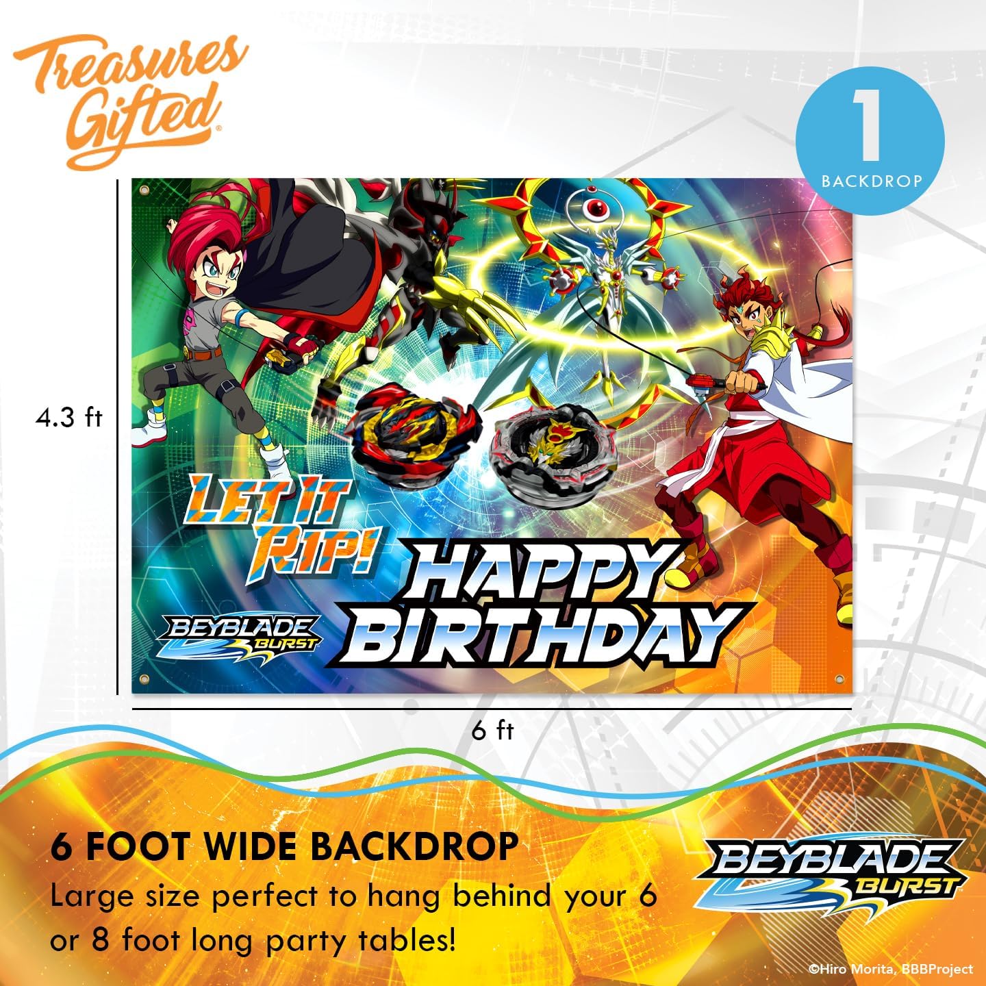 Treasures Gifted Officially Licensed BEYBLADE BURST Birthday Decorations - Serves 16 Guests Ultimate Set BEYBLADE Party Supplies - Tablecloth, Plates, Banner & More