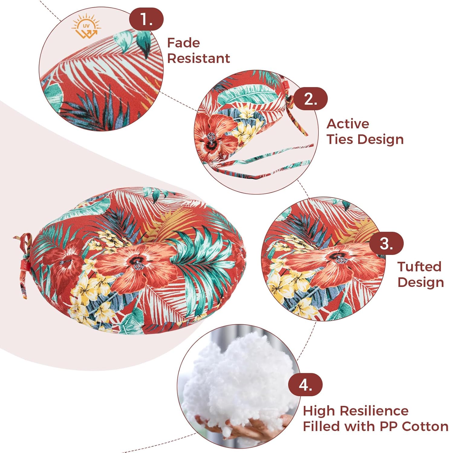 Outdoor Bistro Chair Cushion Set of 2, Waterproof Tufted Round Seat Cushion with Ties, 15"x15"x4" Patio Furniture Chair Pads for Home Garden Balcony Office-Chili Red Floral