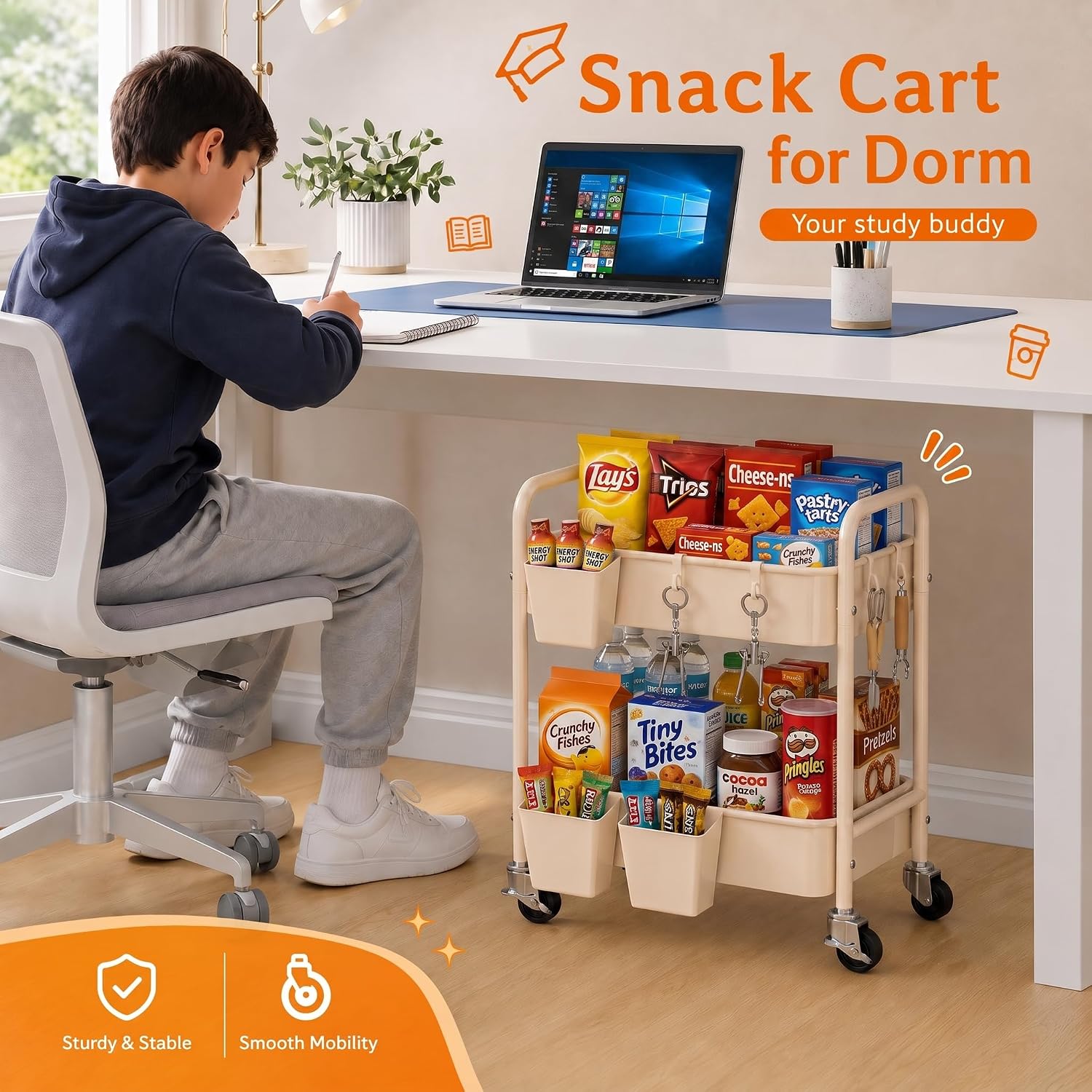 2 Tier Small Rolling Cart Metal with Wheels, Beige Under Desk/Table Storage Carts on Wheels, Short Utility Roller Caddy Organizer for Art, Craft, Pantry, Bathroom, Two Tiered Shelf Trolley, 22In Tall thumbnail