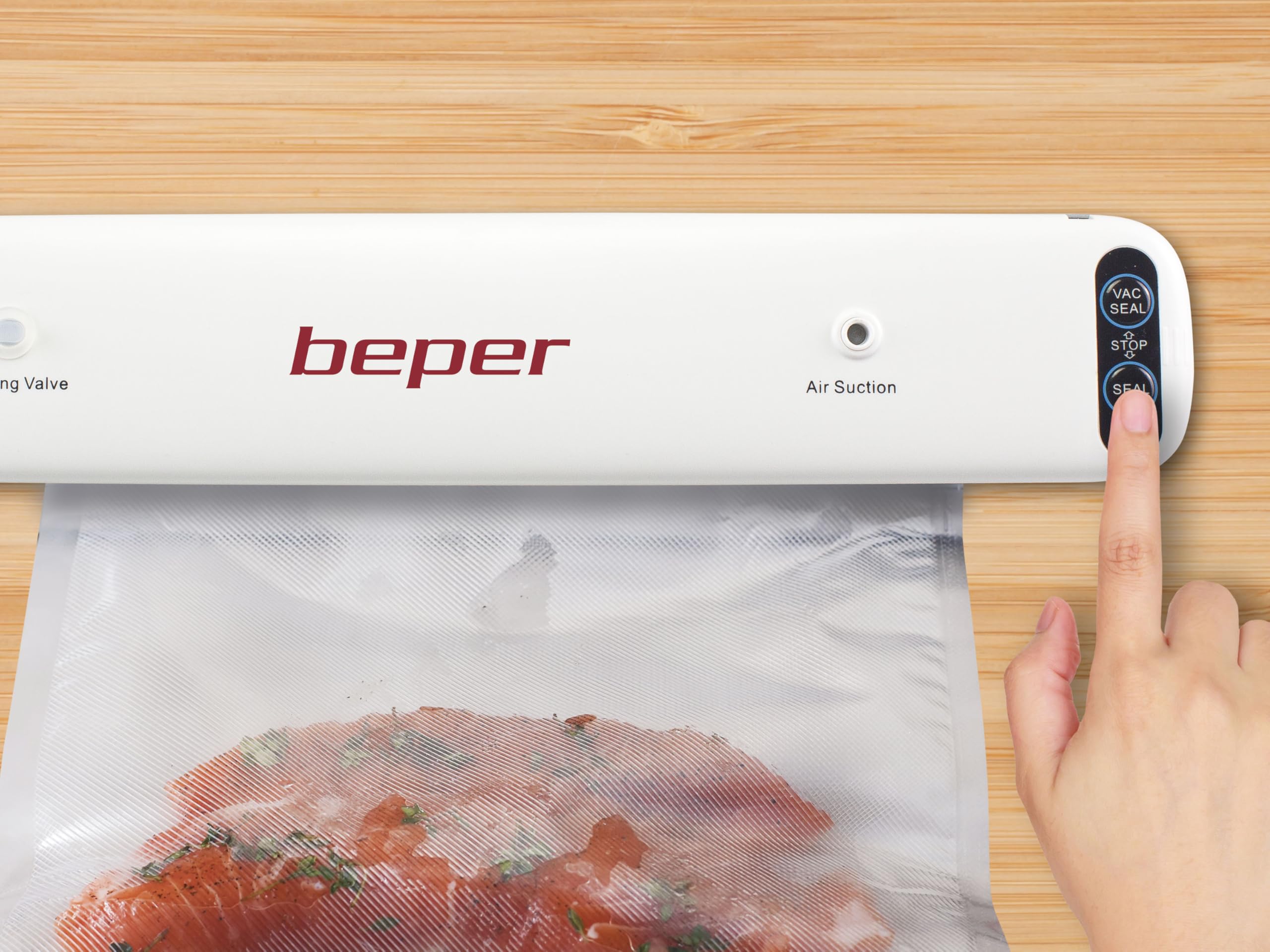 BEPER P102CON001 Machine sous vide avec 5 sacs sous vide, ABS, double opération, ruban d'étanchéité de 30 cm, blanc/gris