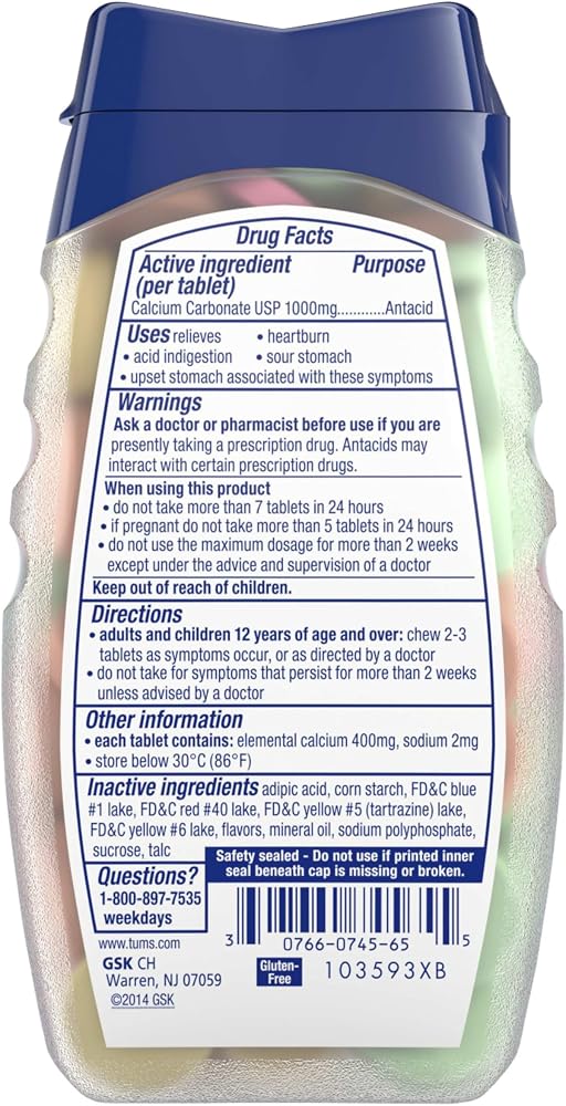 TUMS Ultra Strength Antacid Tablets for Chewable Heartburn Relief and Acid Indigestion Relief, Assorted Fruit - 72 Count
