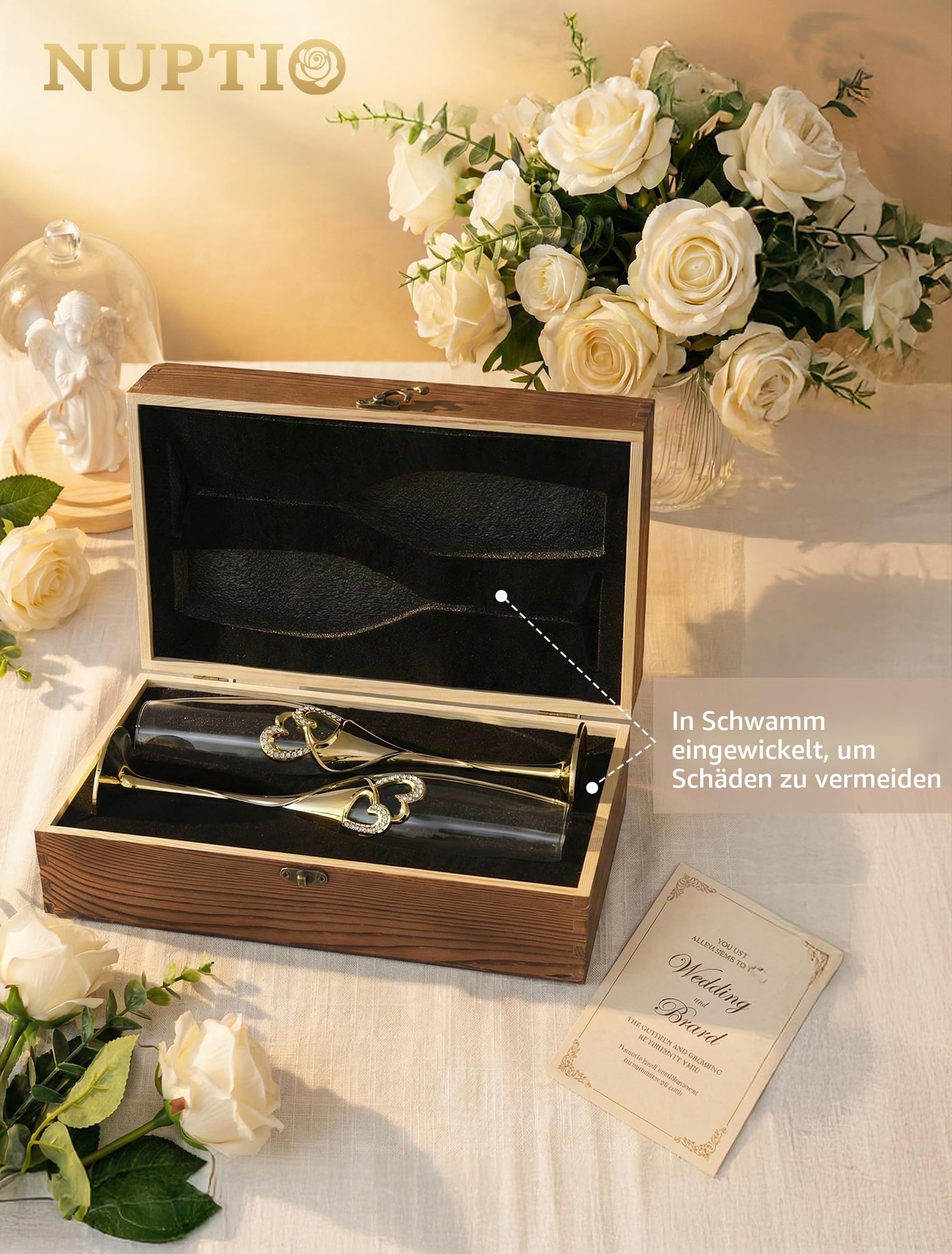 NUPTIO Sektgläser Hochzeit Kristall mit Holzschatulle, für Brautpaar | 2 Stück Personalisiert Gold Champagnergläser Hochzeitsgeschenke für Verlobung, Jubiläum, Hochzeit