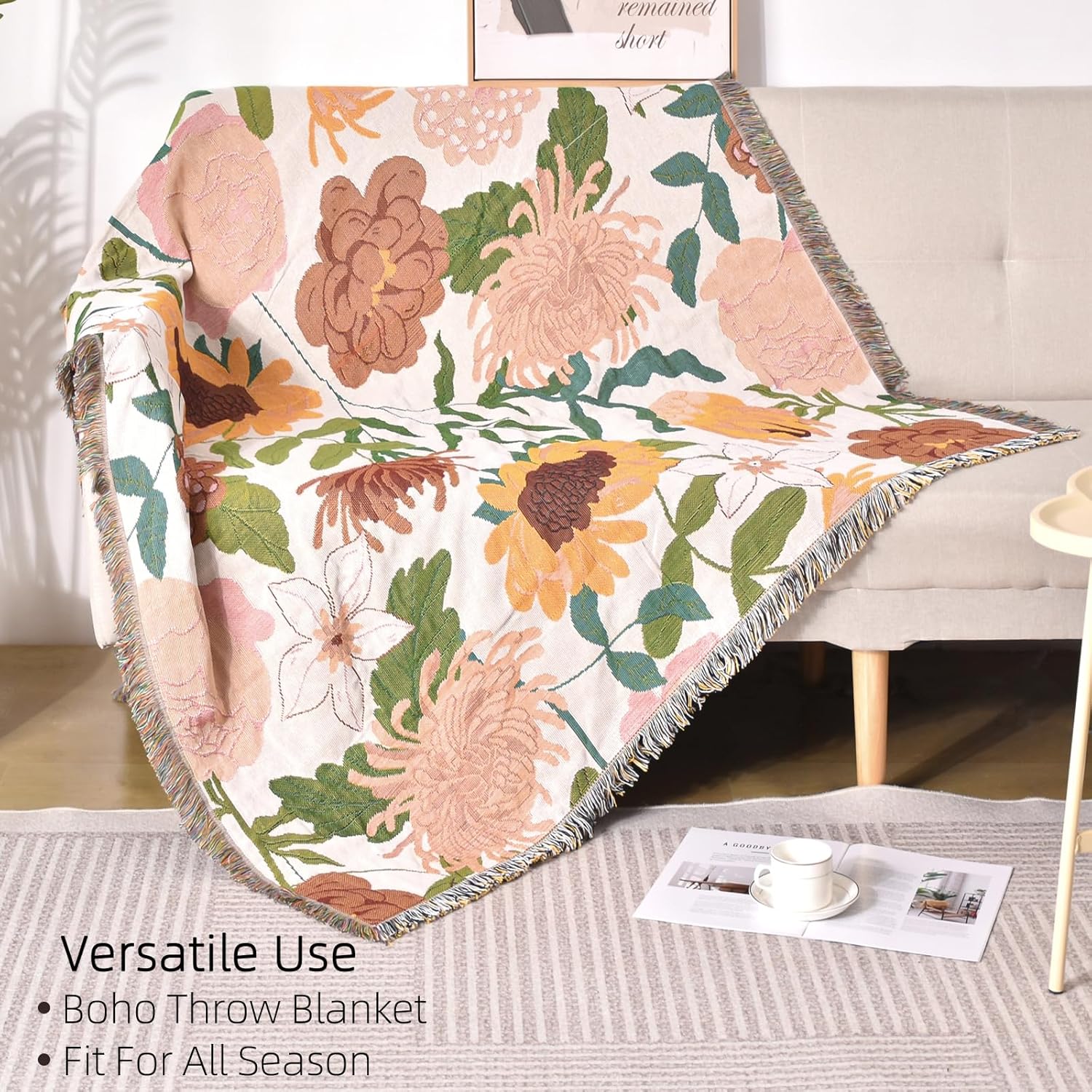 Pattern Throw Blanket for Couch, Throw for Bed, Outdoor Blanket, Retro Decor,51"×63" All Season Ultra Soft Floral Throw Blanket with Tassels for Sofa Chair, Yellow - Image 2