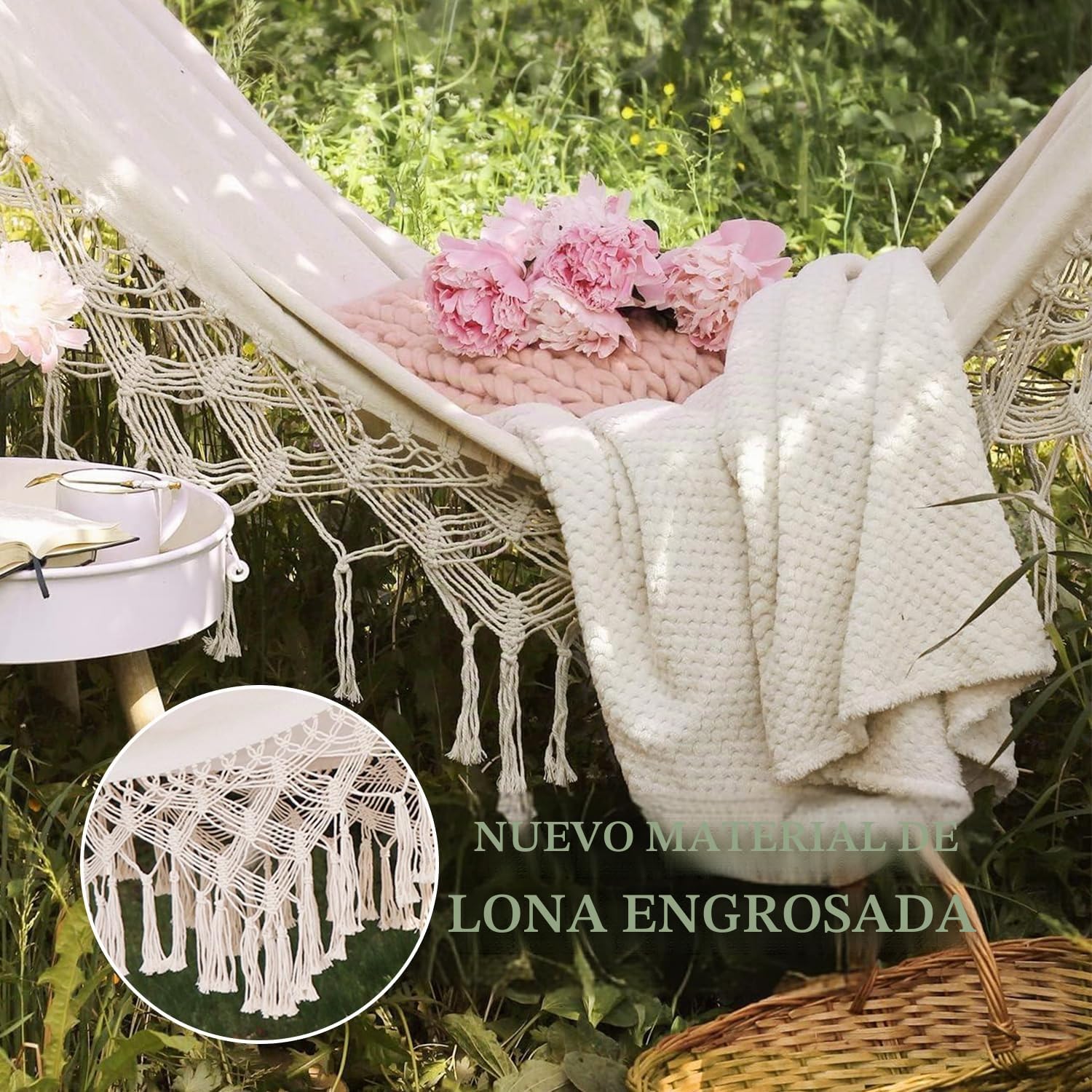 Hamaca Jardin Silla Colgante Exterior Hamaca Colgante Boho con Flecos und Bolsa y Travesaño, Hamacas Colgantes de Carga 440lbs, Hamacas Jardin Portátil para Exterior Interior Balcón Patio (Beige)