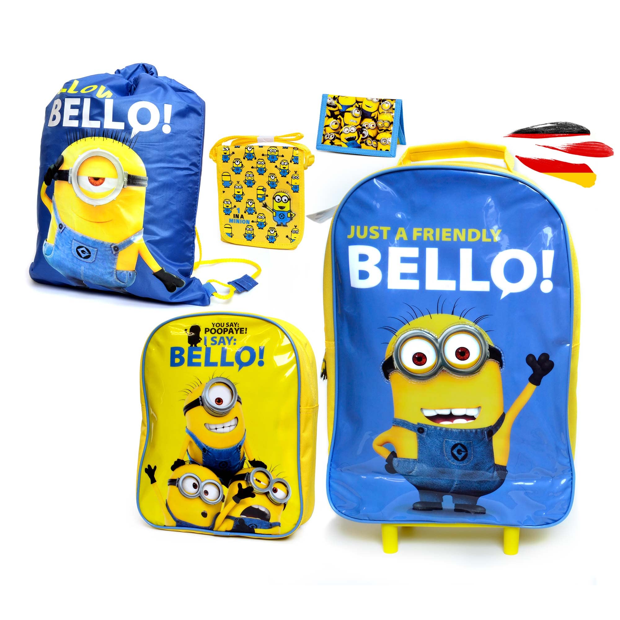 Minions - Set di 5 valigie per bambini, bagaglio da viaggio di alta qualità, borsa da palestra, borsa a tracolla