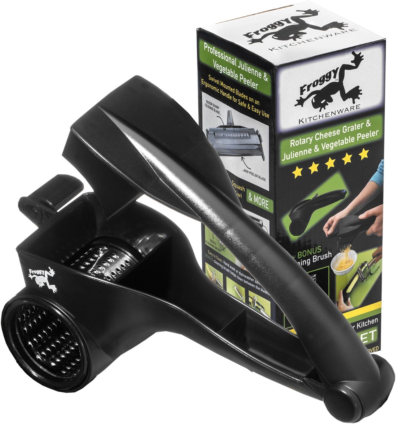 Professional Rotary Cheese Grater Shredder Multi Purpose and Bonus Stainless Steel Metal Dual Julienne & Vegetable Peeler with Cleaning Brush From Froggy Kitchenware Perfect Kitchen Bundle