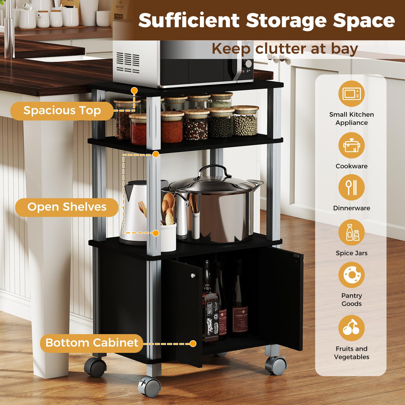 KOMFOTTEU Carrello da Cucina a 3 Livelli per Microonde, Carrello Portaoggetti con Ruote e Armadio con Porta, Carrello di Servizio in Legno, Organizer per Sala da Pranzo, 60 x 40 x 98 cm (Nero)
