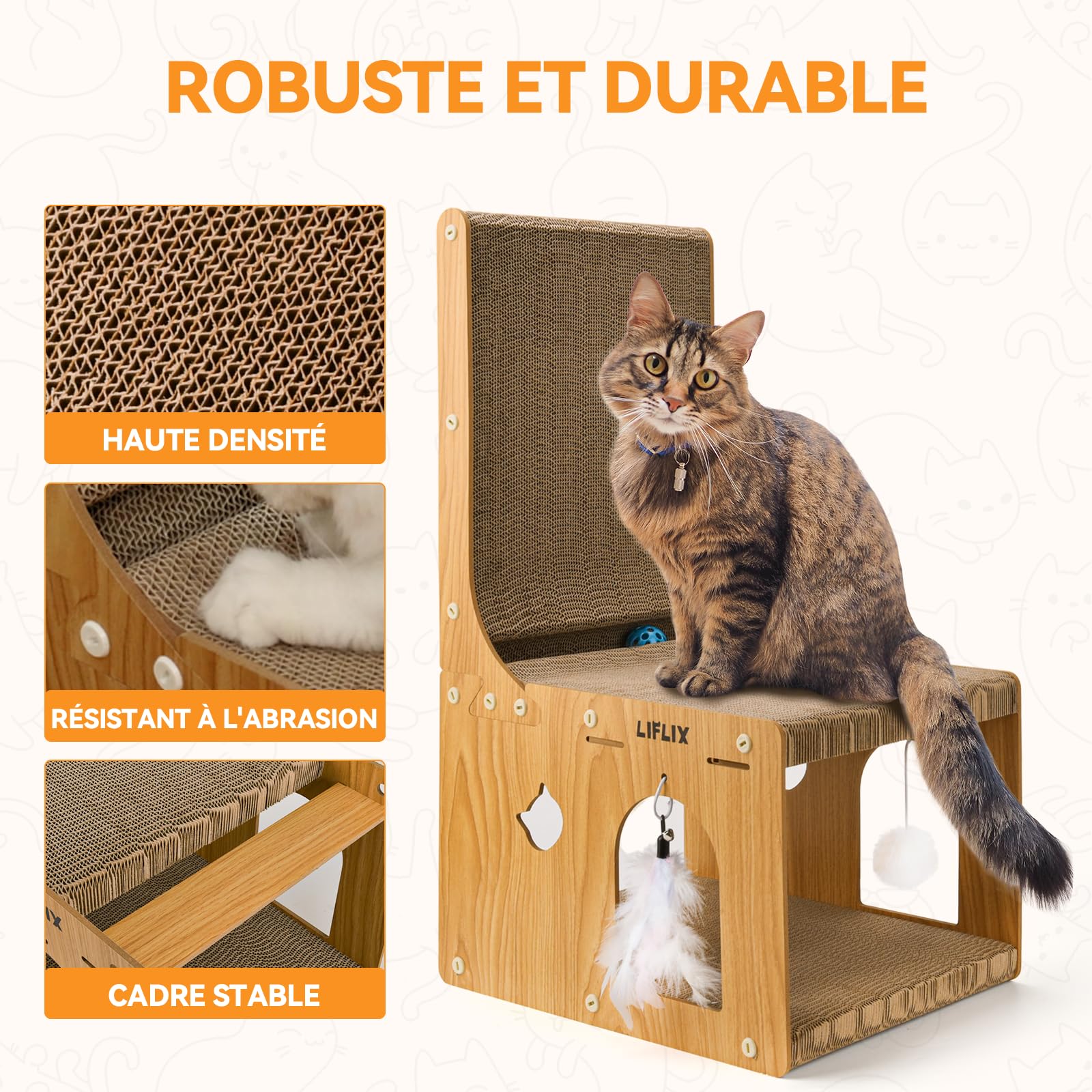 LIFLIX Griffoir pour Chat en L à Double épaisseur, Poteau à griffer en Carton avec Jouets, Griffoir et Cachette pour Chats d'Intérieur, se Reposer et Jouer