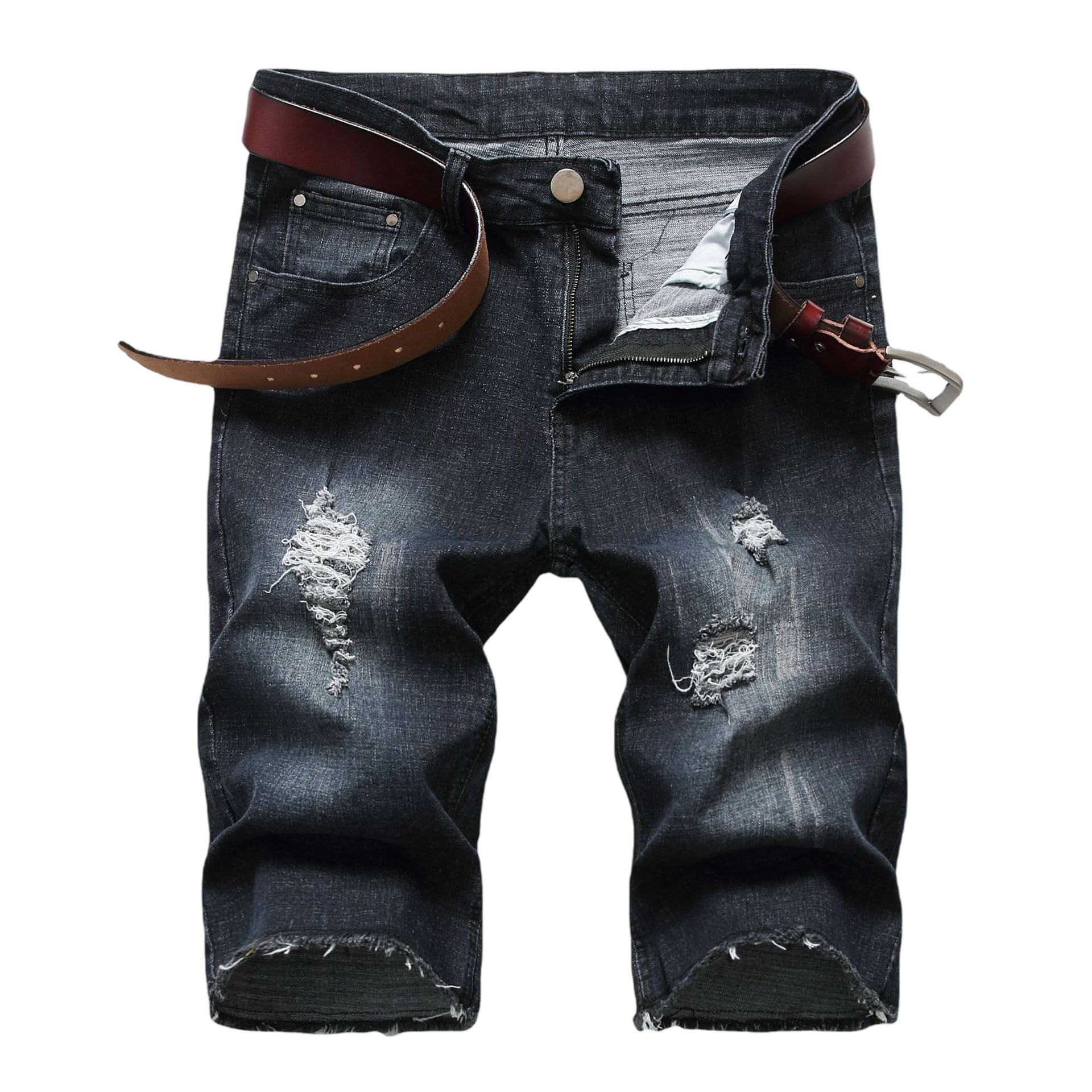 Męskie spodenki jeansowe ze stretchem w stylu zużytym i frędzlami Straight Fit średnia wysokość w pasie w spranym stylu szorty rekreacyjne