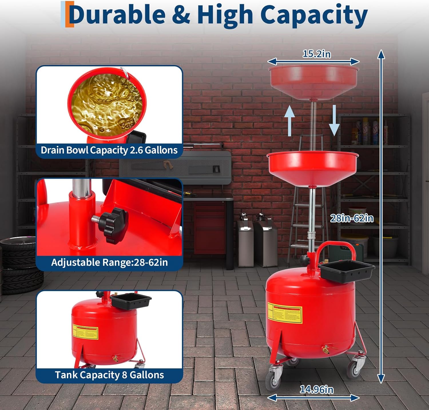 8 Gallon Waste Oil Drain Tank Portable Air Operated Oil Drainer with Adjustable Funnel Height 28 to 62 Inches 15 Inch Funnel Fluid Fuel Transfer Drain Container with 360 Degree Wheels and Toolbox Red