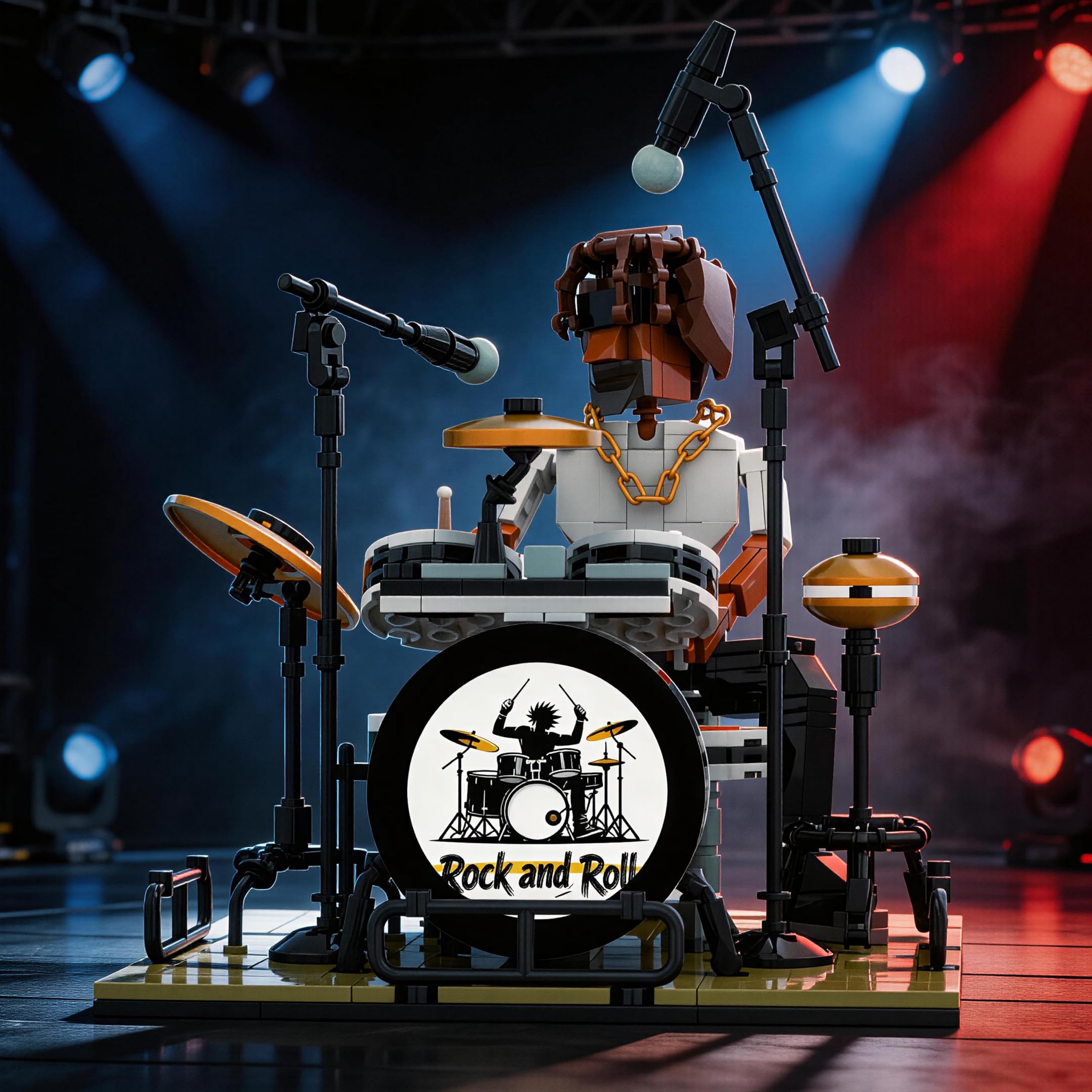 Dynamic Drummer Building Kit - Escenario de concierto de rock de 428 piezas con figura articulable y juego de batería ajustable, modelo coleccionable para adultos para amantes de la música