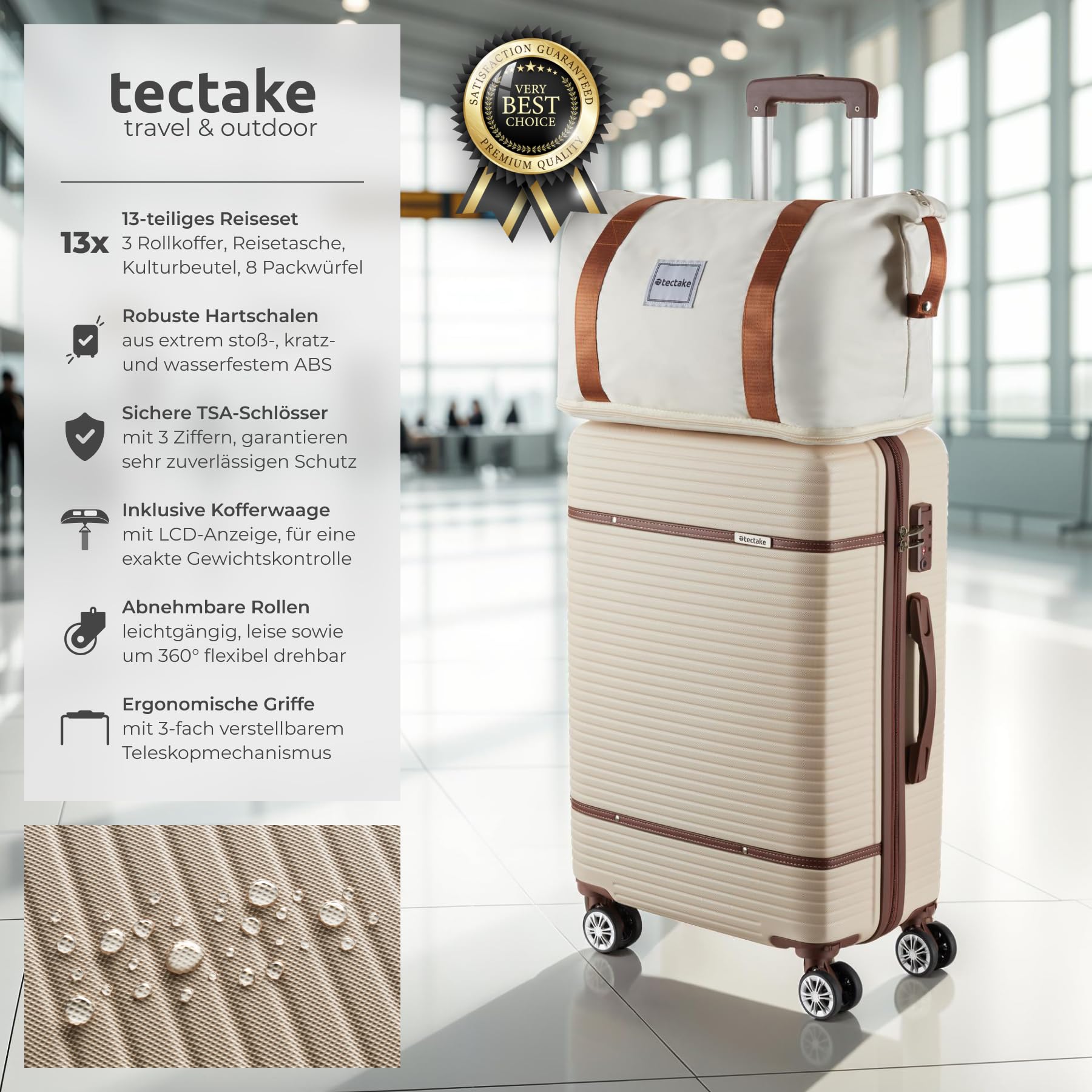 tectake® 13-TLG. Koffer Set mit Reisetasche, Koffer & Trolleys, Reisekoffer mit Rollen, Kofferset mit 3X Koffer groß und Tasche, Hartschalenkoffer mit TSA Schloss - Creme