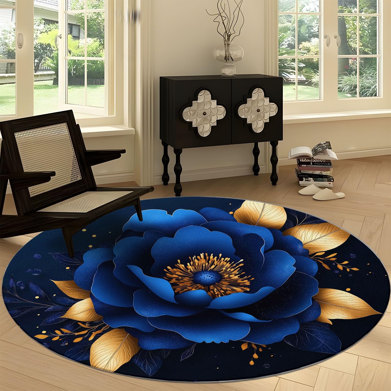 Non-Slip Round Area Rug 6 ft, Luxury Plant Flower Leaves Washable Round Rugs, Dark Blue Soft Low Pile Circle Carpet for Kitchen Entryway Laundry