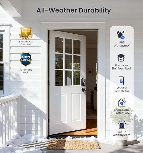 Miniatura 5 de Veise VE027-K - Cerradura inteligente WiFi integrada con 2 perillas, juego de manijas de cerradura de puerta de entrada sin llave para puerta