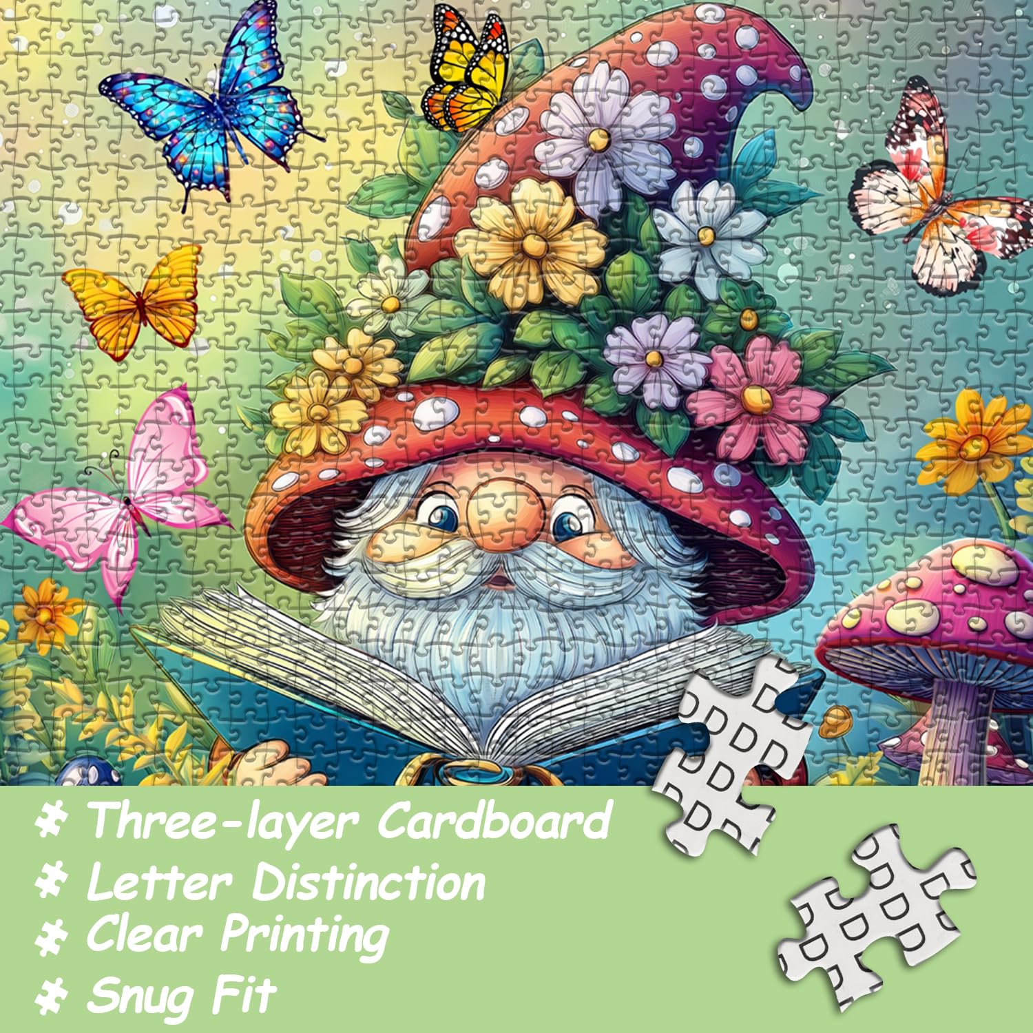 Śmieszne puzzle krasnale dla dorosłych, 1000 sztuk, natura, grzyb, motyl, ogród, tematyka, uroczy wiosenny krasnal kwiat, wyzwanie