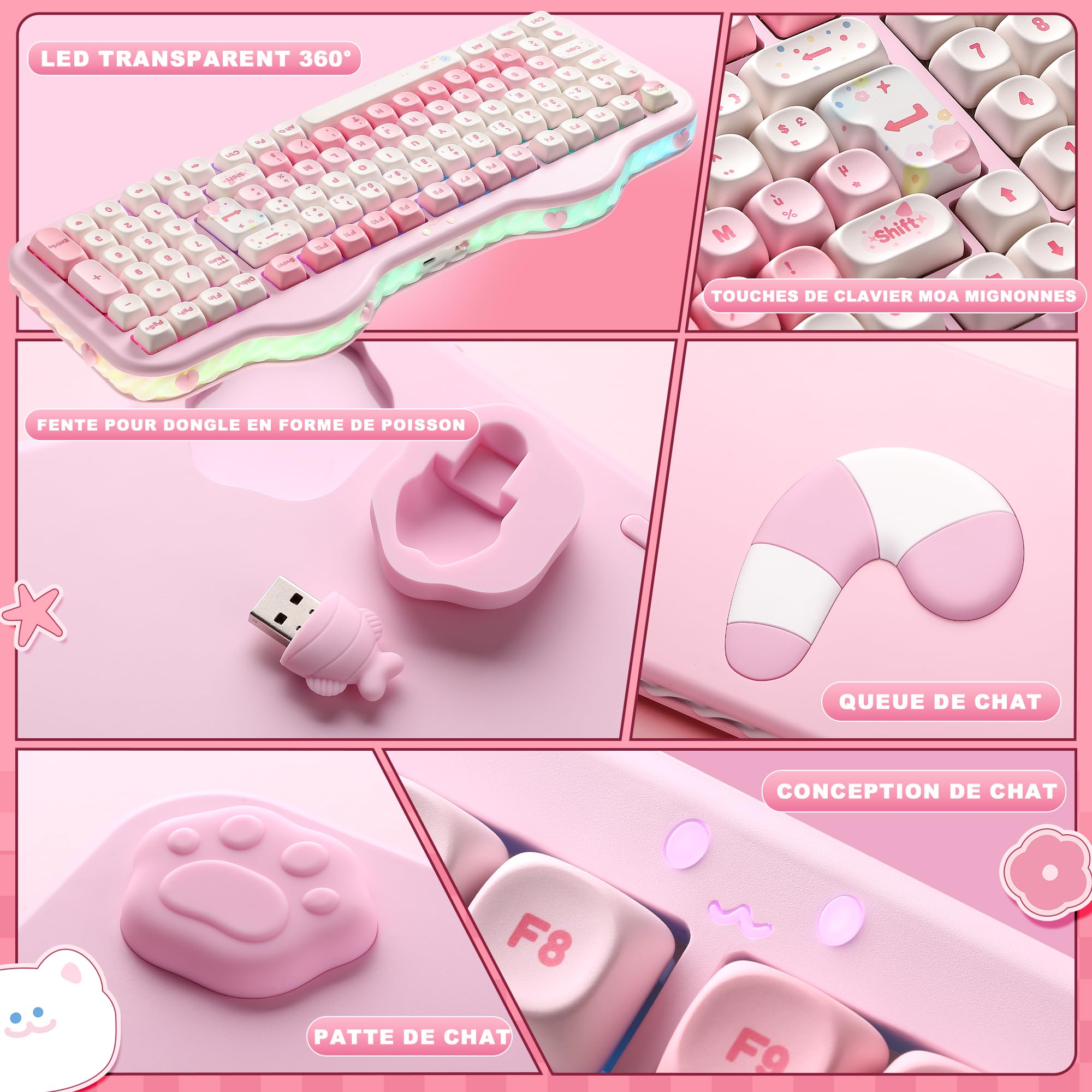 YUNZII C98 AZERTY Clavier Gamer Mécanique sans Fil Gâteaux (Rose, Milk V2)