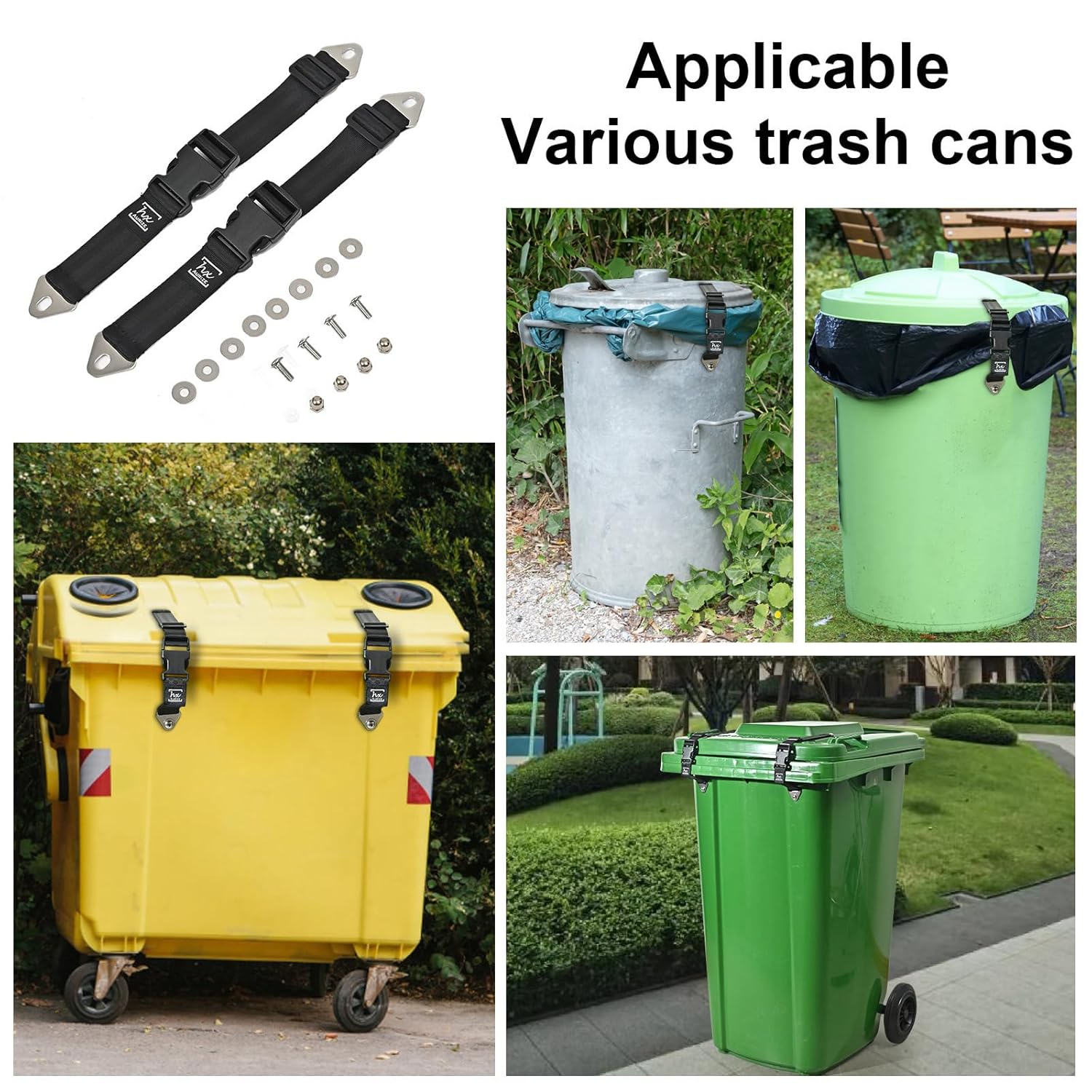 HX AURIZE Universal Trash Can Lid Lock Strap for Round & Square Bins - Sturdy Outdoor Garbage Lock - Raccoon, Dog & Small Animal Stopper - Secure Bolt-On Design (Drilling Required) Black 4 Pack