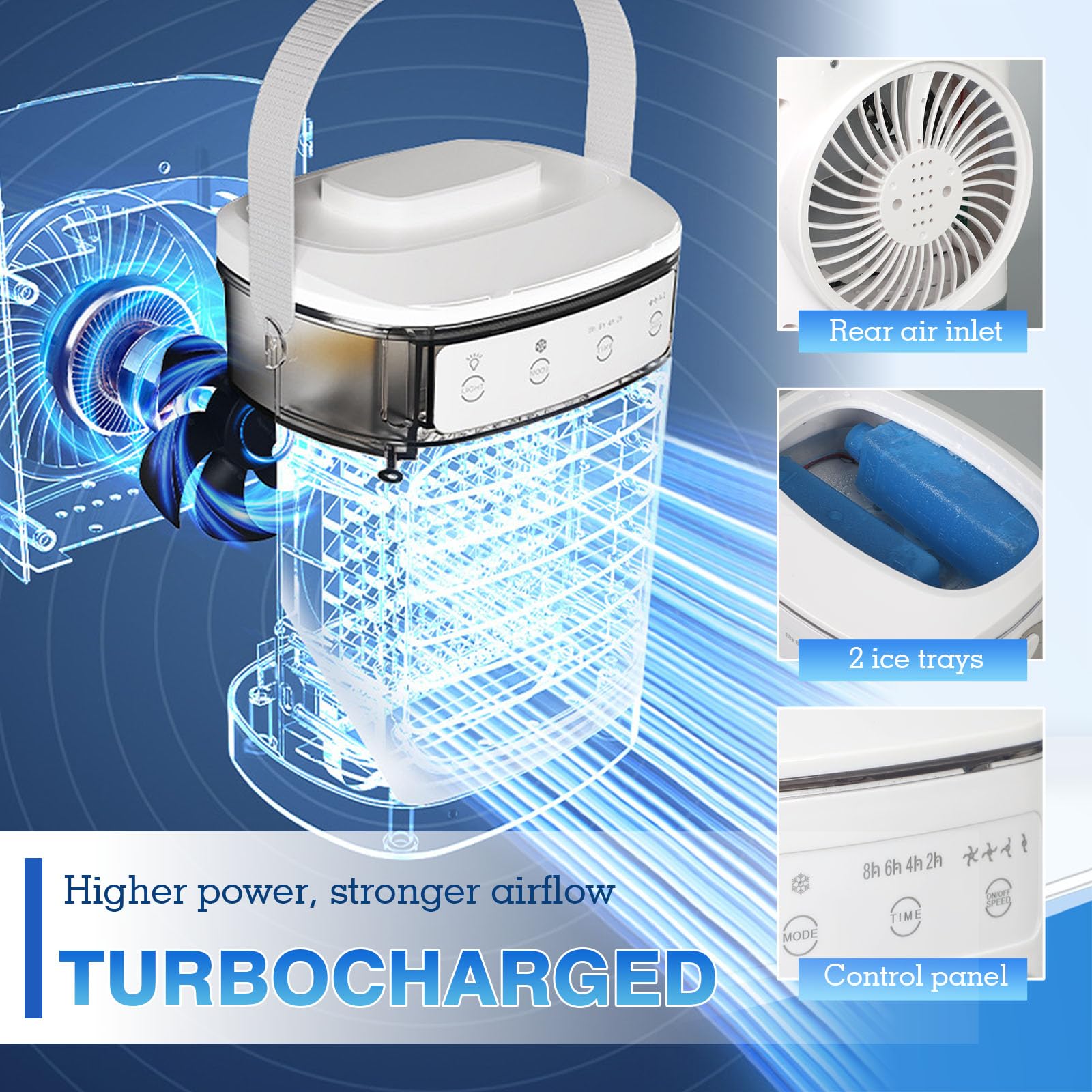 Mobile Klimaanlage Klein, 4 IN 1 Mini Luftkühler mit Wasserkühlung, 4 Geschwindigkeiten, 2-8H Timer, Leiser USB Luftkühler mit 7 Farben LED für Zimmer Büro