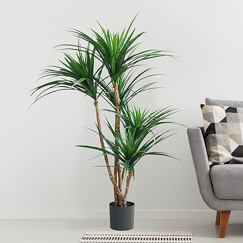 Miniatura 6 de Juego de 2, árbol de yucana tropical artificial con hojas de goma y tronco natural, planta falsa para decoración del hogar en interiores y