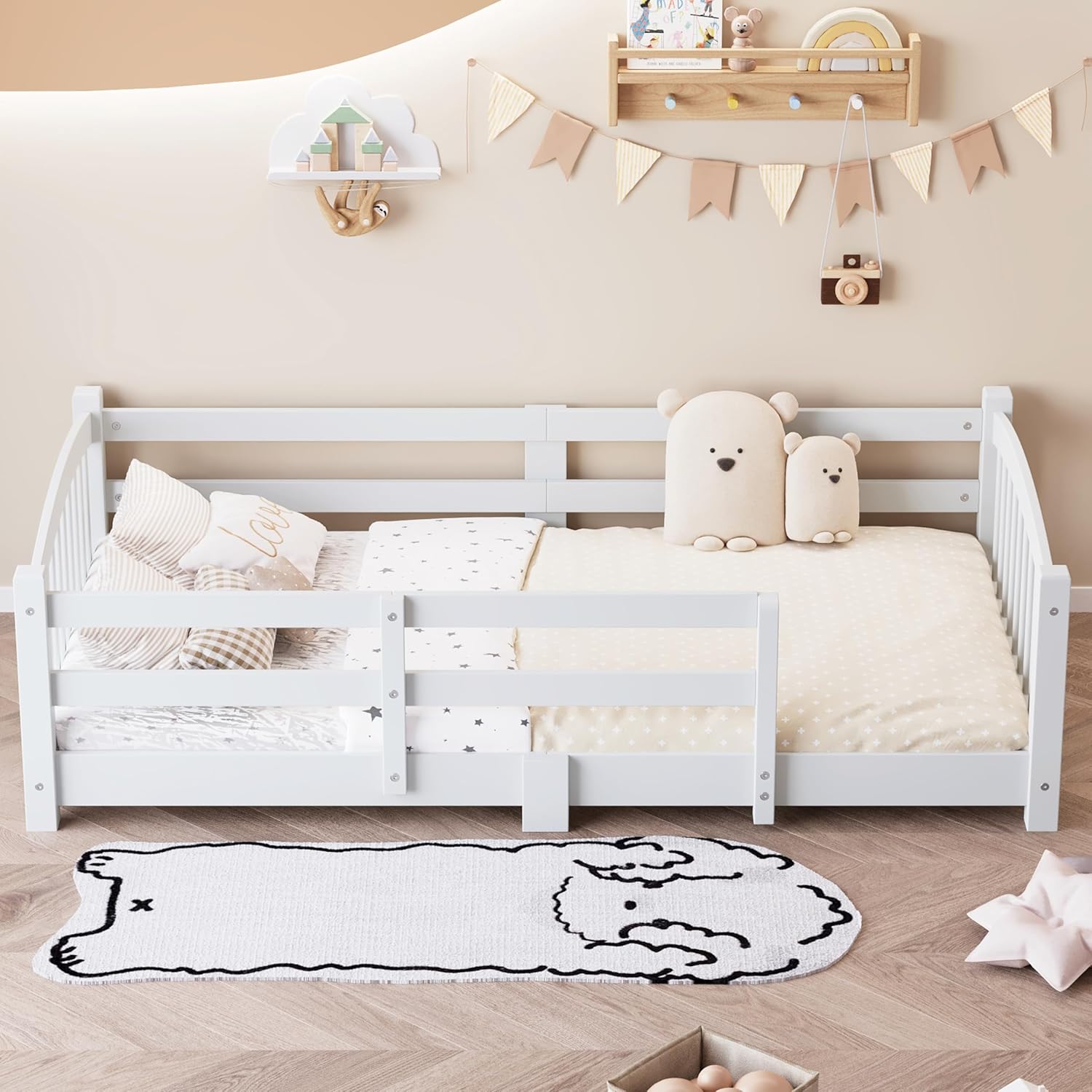 Montessori Twin Floor Bed with Railings, Solid Wood Twin Size Montessori Floor Bed with Fence and Without Door, Easy Assemble Kids Beds for Girls and Boys, White