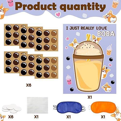 Miniatura 3 de B1ykin Boba Tea Pin The Tail Games, Pin The Bubble on The Milk Tea Sticker Game con 54 calcomanías Boba, póster con los ojos vendados, decoración de