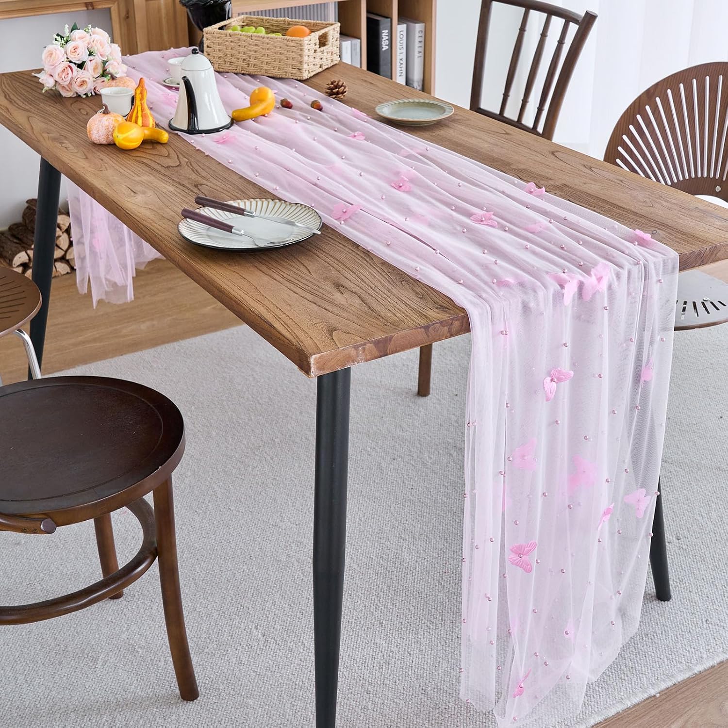 vctops 2 Pack Pearl Butterfly Lace Table Runner 120 Inch 10FT, Seasonal Tulle Dining Holiday Wedding Birthday Baby Shower Table Decor for Home Party (Pink,29"x120")
