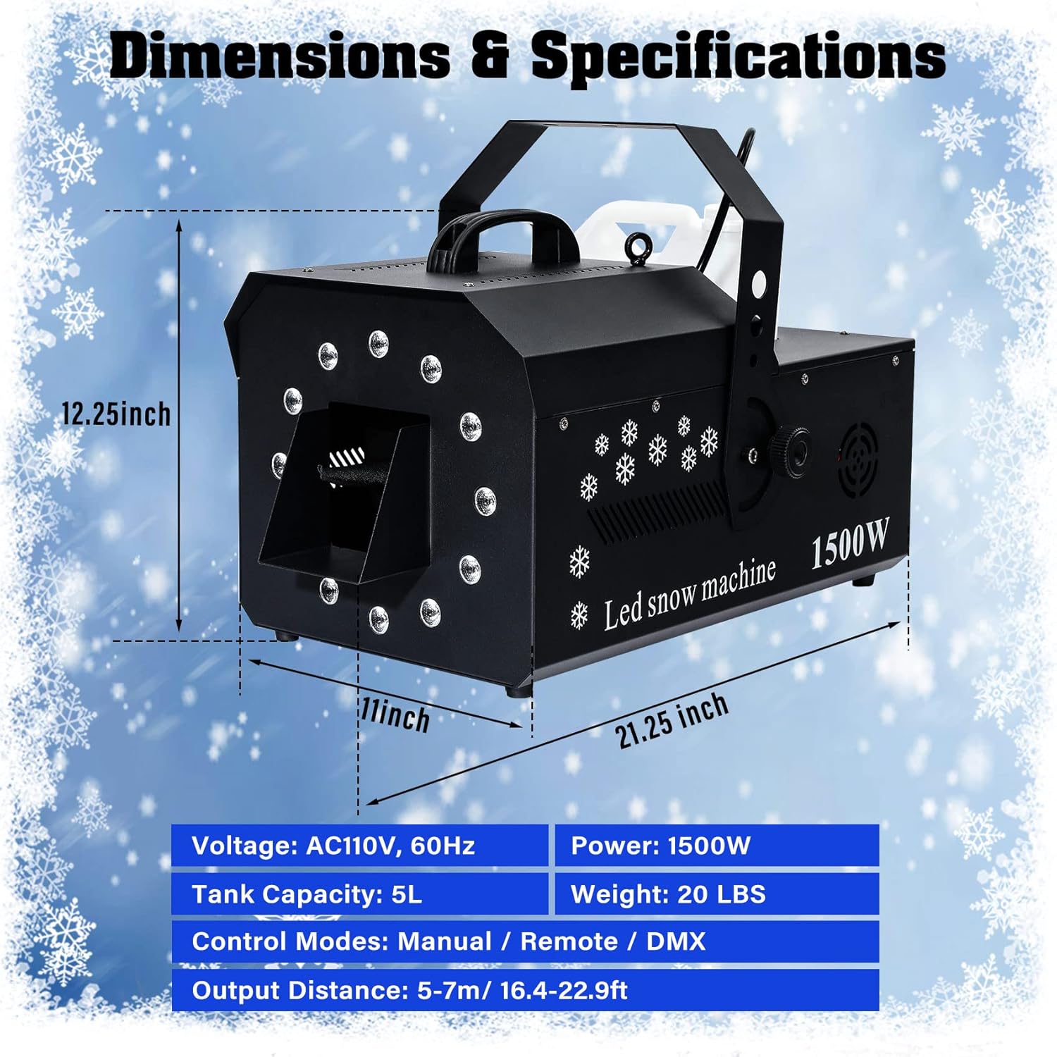 Dimensions and specifications of the TCFUNDY 1500W Snow Machine.